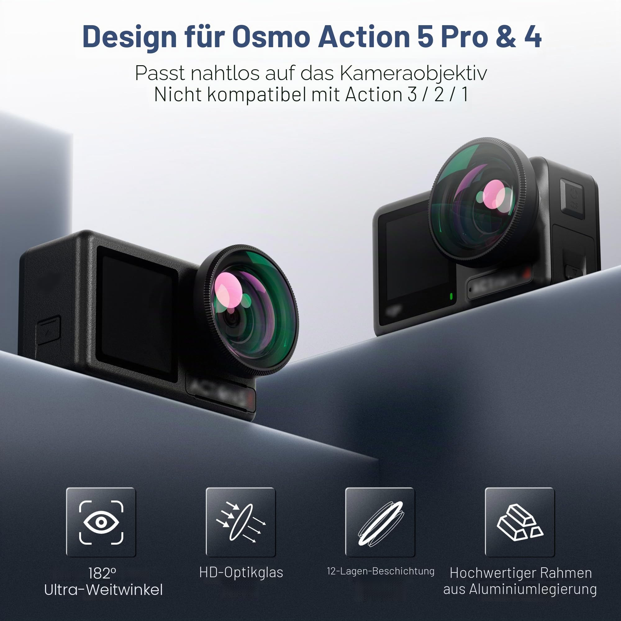 JJC Osmo Action 5 Pro 4 Weitwinkel Objektiv Set,182°FOV Weitwinkelobjektiv für DJI Osmo Action 5 Pro 4 mit Silikon Etui,0.72X Wide Angle Lens Mehrfach Vergütet Aufschraub Zubehör für Action5 Action4