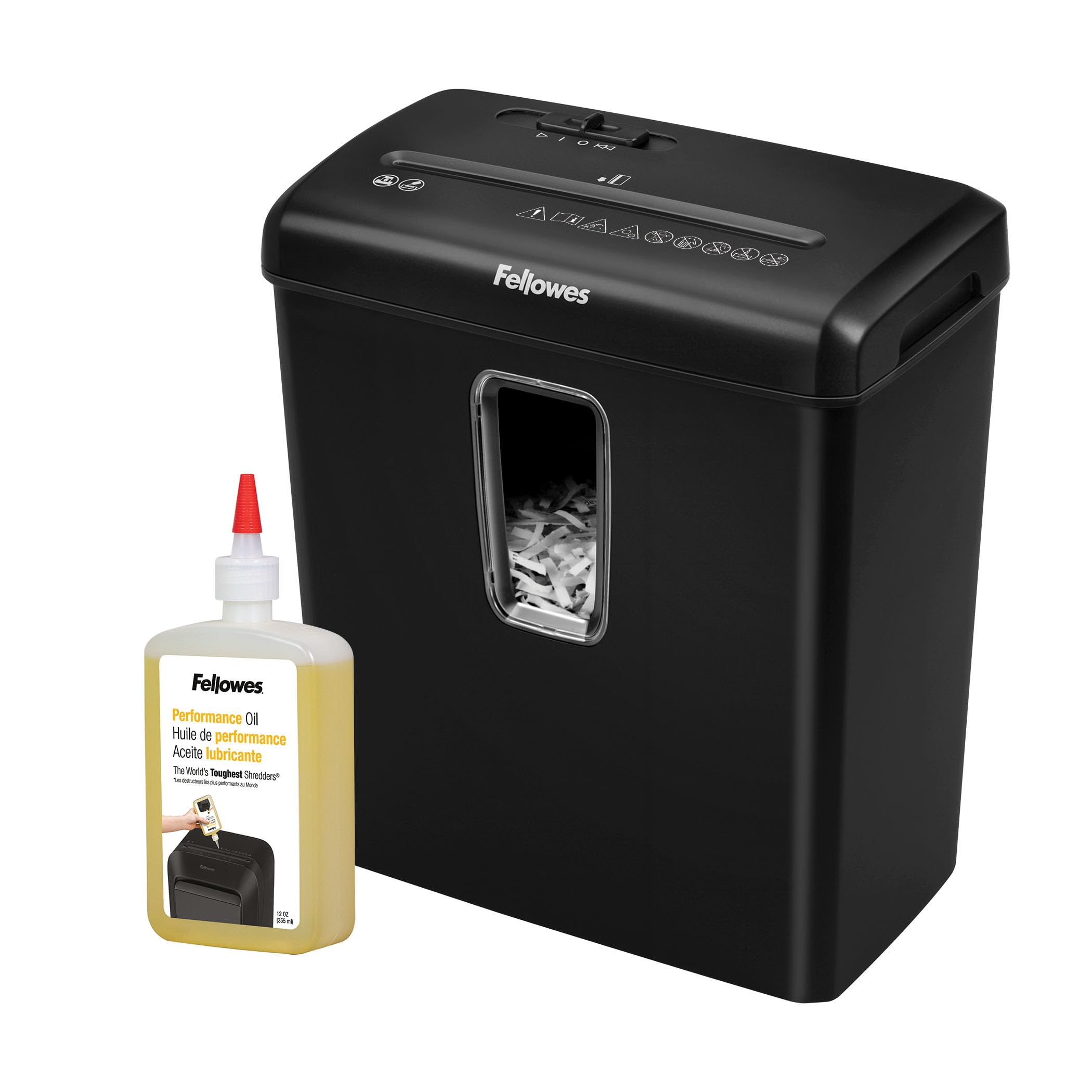 Fellowes Distruggi documenti a frammento FS-6C, 6 fogli, per casa e piccolo ufficio, nero [ESCLUSIVA AMAZON] + Olio per Distruggi Documenti, 355 ml - Olio Lubrificante con Beccuccio