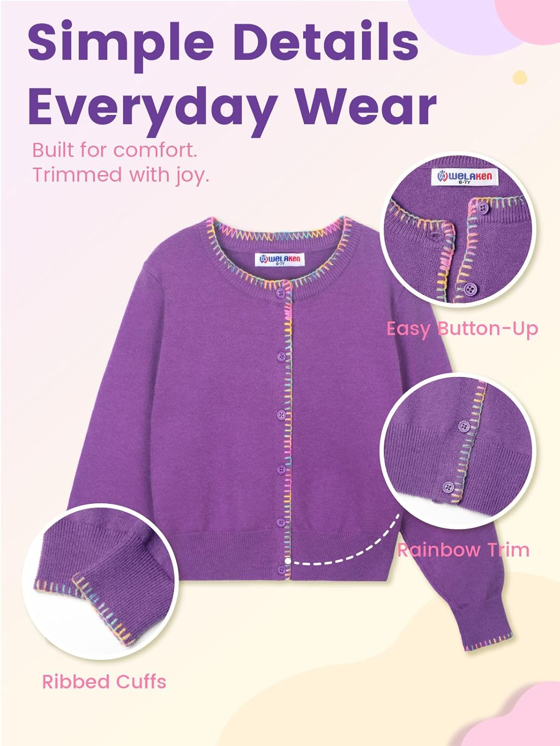 Girls Knit Cardigan – Soft Lightweight Sweater with Rainbow Trim for School or Layering - Image 5