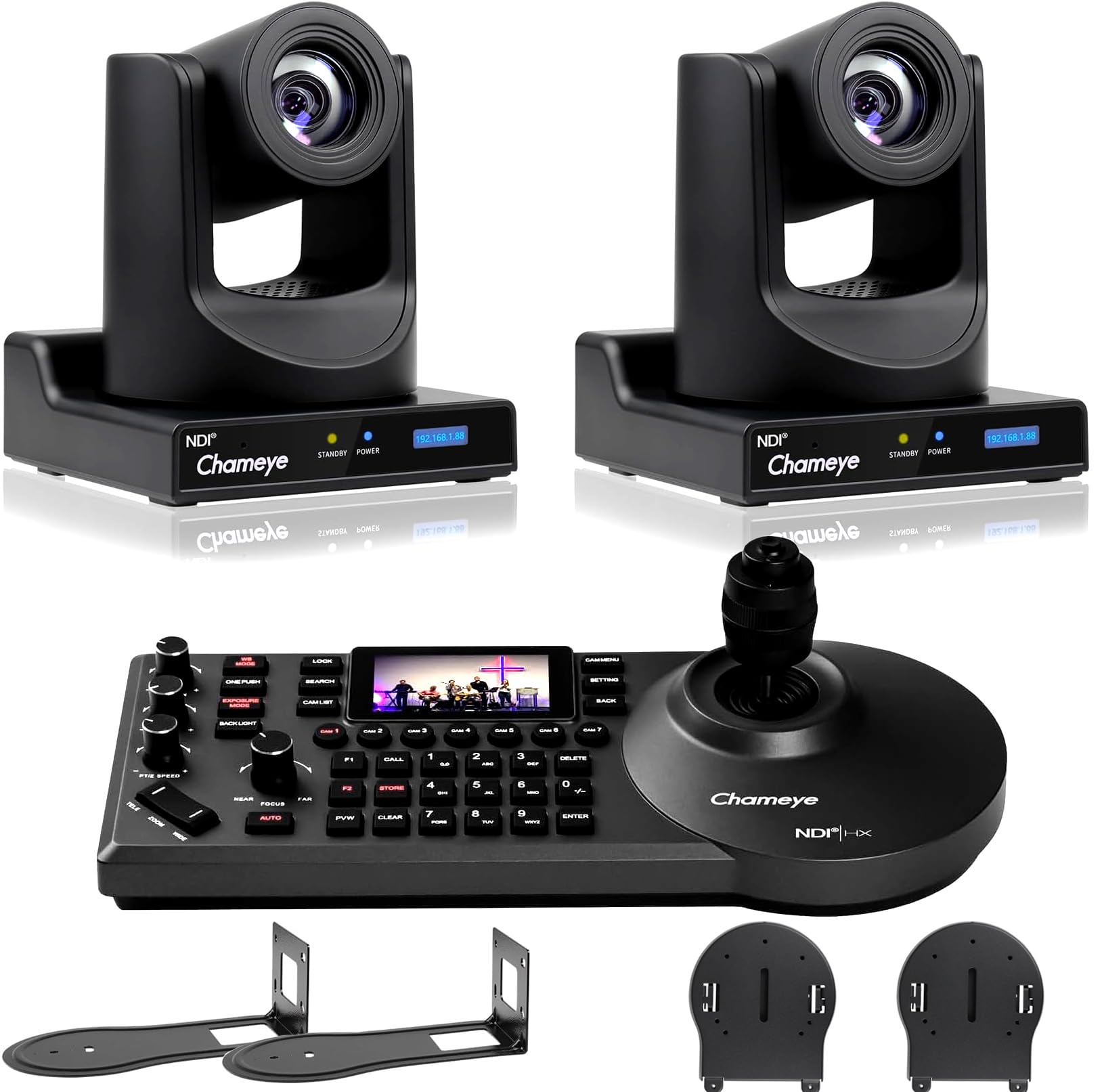 Chameye Telecamera PTZ NDI Kit, 20x Zoom ottico, AI Tracciamento, 3G-SDI HDMI USB3.0, con 2* Telecamere NDI PTZ 20x + Controller PTZ per eventi educativi di culto in chiesa, C720Nx2+E300 - K220N