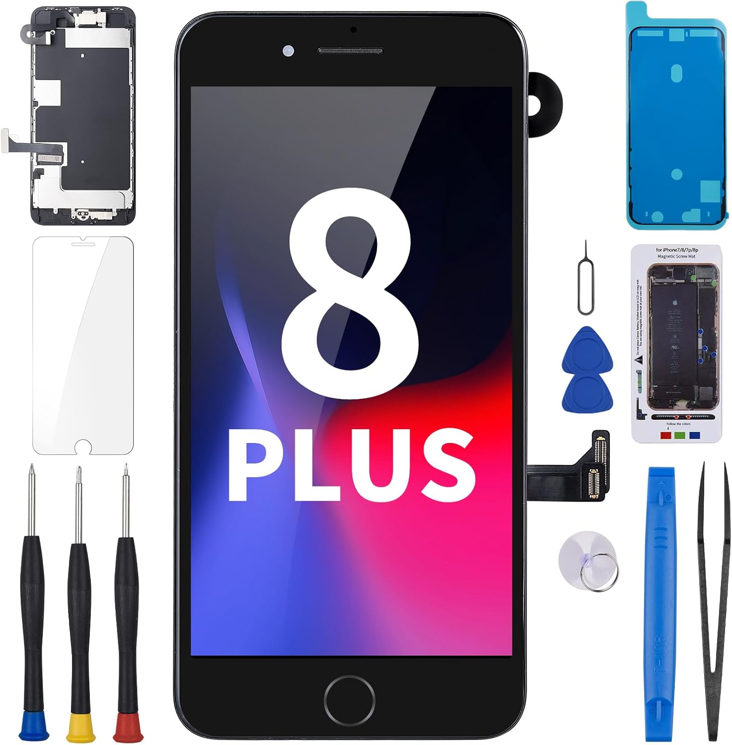 for iPhone 8 Plus Screen Replacement 5.5" Black with Home Button Repair Kit, 3D Touch LCD Display Digitizer Full Assembly with Glass Front Camera Speaker Sensor, Fix Tools A1864 A1897 A1898