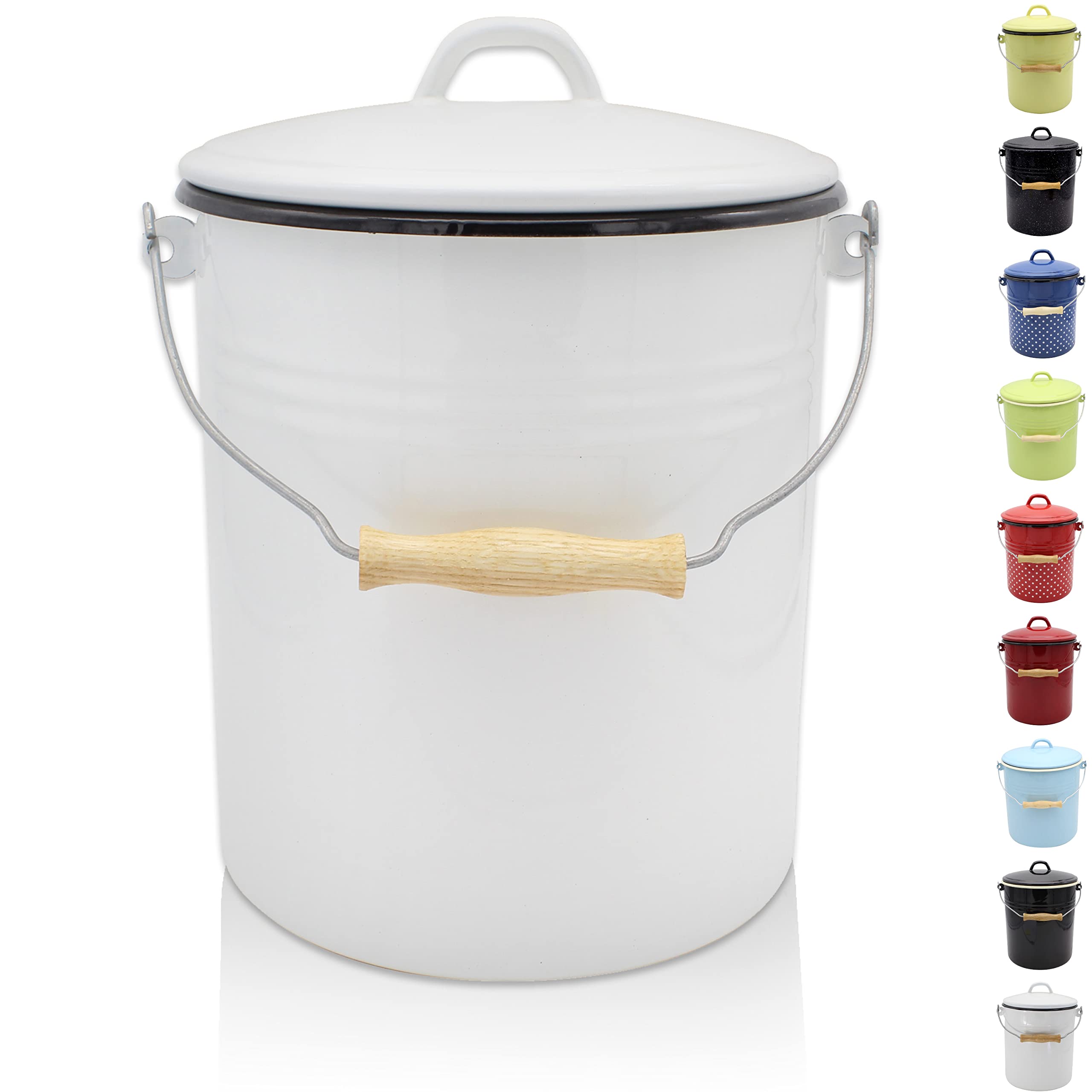 KRÜGER Pattumiera con coperchio – Pattumiera in acciaio con rivestimento smaltato e manico in legno – superficie resistente al taglio e ai graffi – durevole e versatile (3 litri, bianco