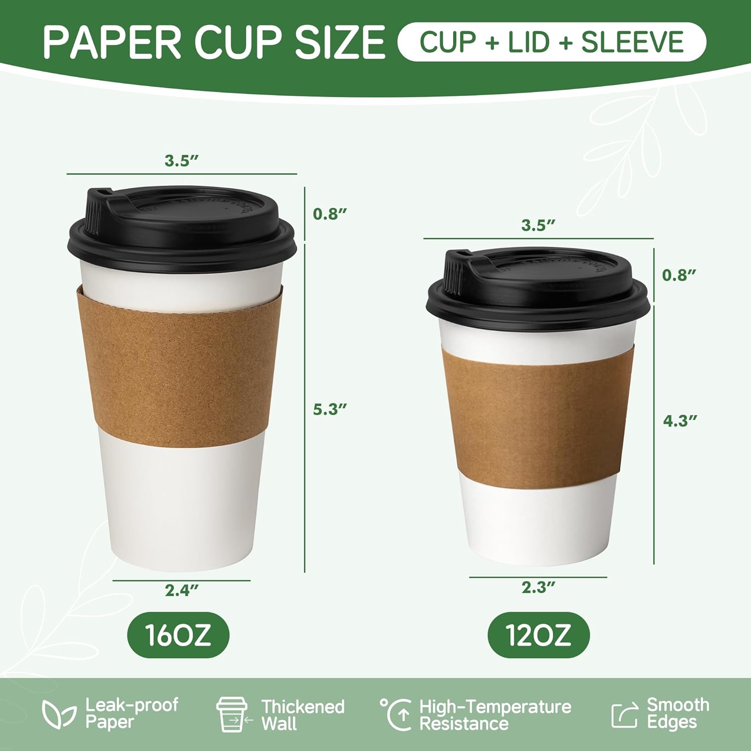 12 oz 500 Pack White Disposable Coffee Cups with Lids and Sleeves, Paper Hot Drink Cups To Go, Diner Style, Perfect Size for Espresso/Latte
