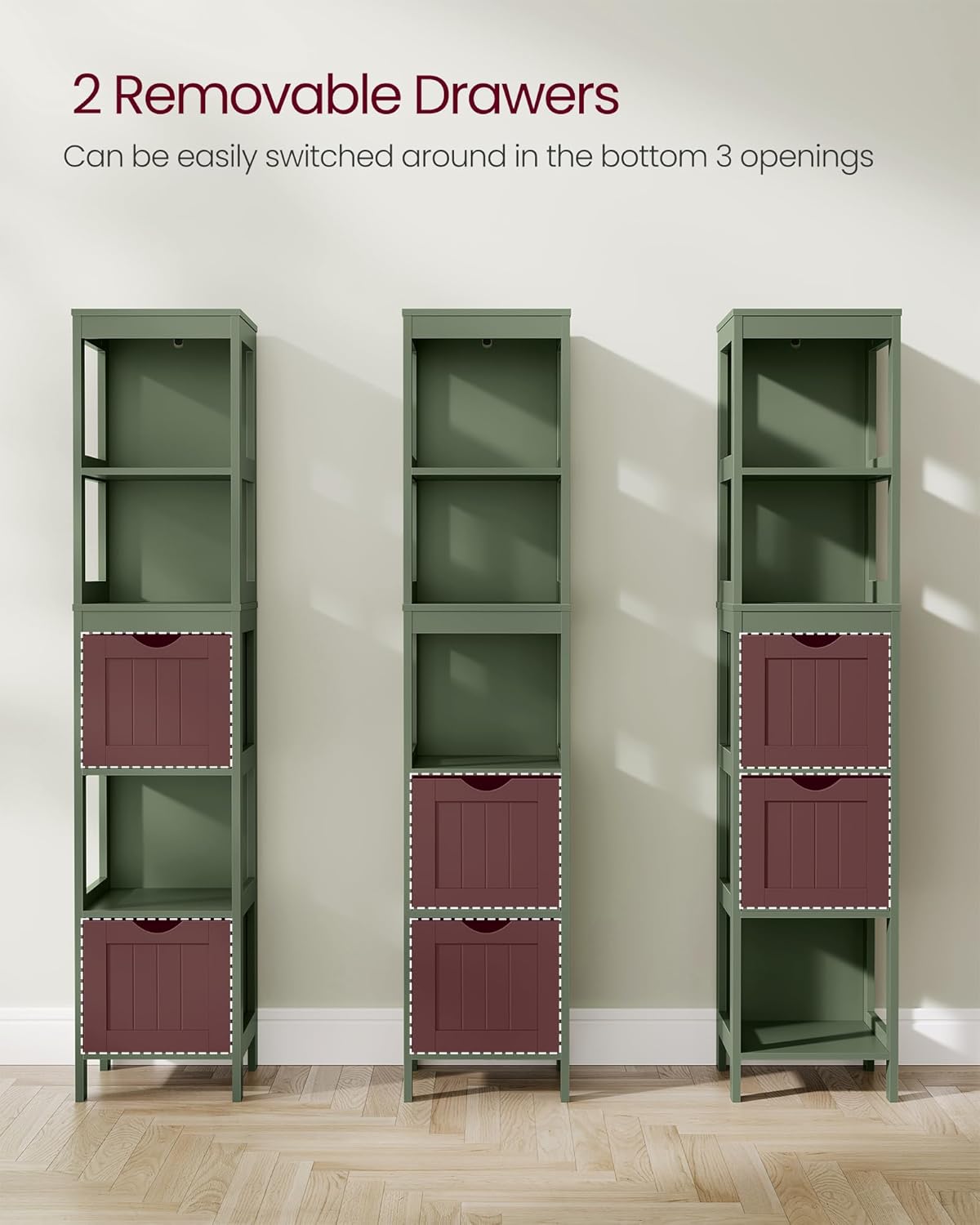 VASAGLE Bathroom Floor Cabinet, Bathroom Storage Organizer Rack Stand, Multifunctional Corner Unit, 2 Drawers, 141.5 cm in Height, Forest Green UBBC066C01 - Image 5