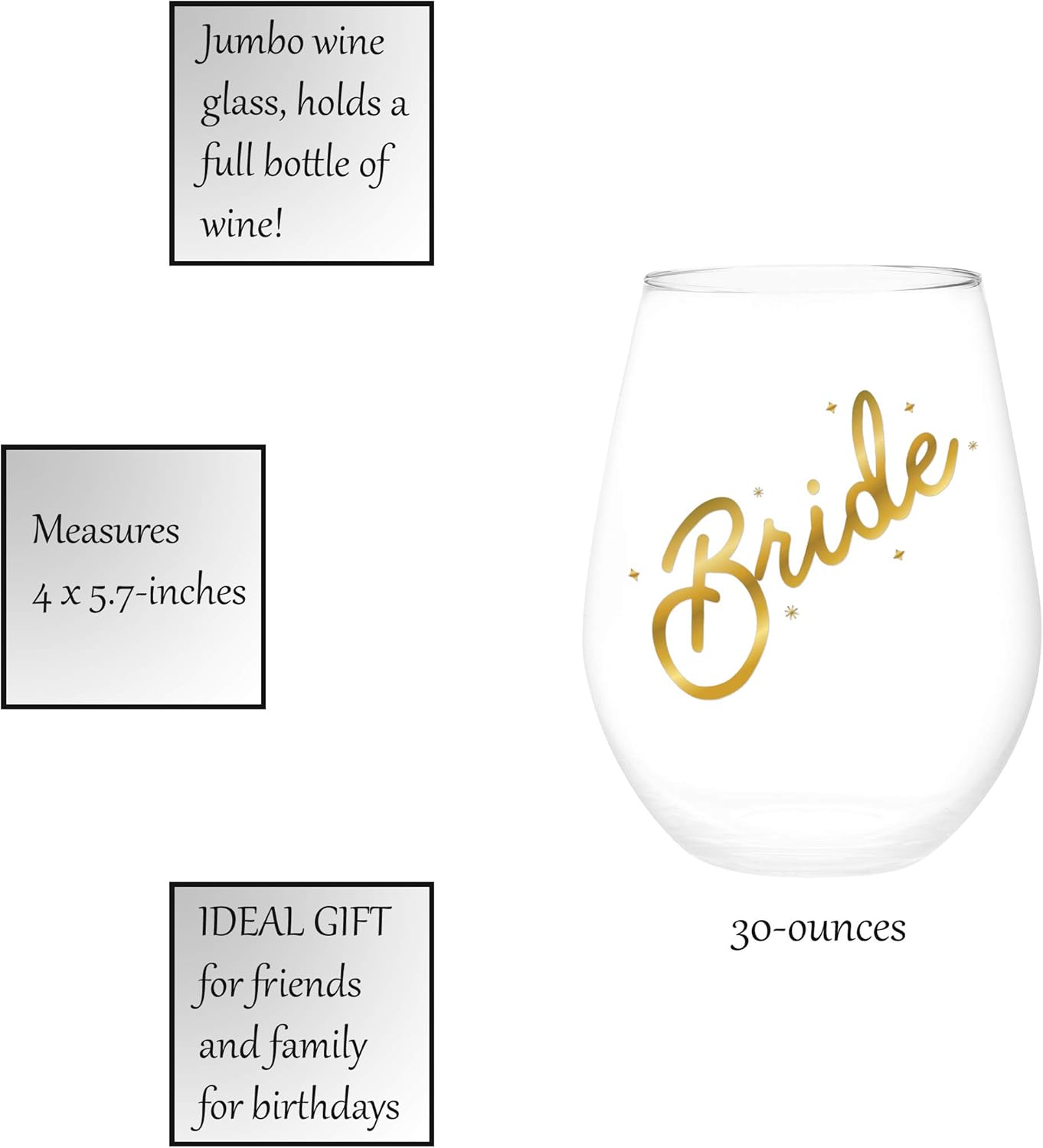 Slant Collections Stemless Wine Glass, 30-Ounce, Bride
