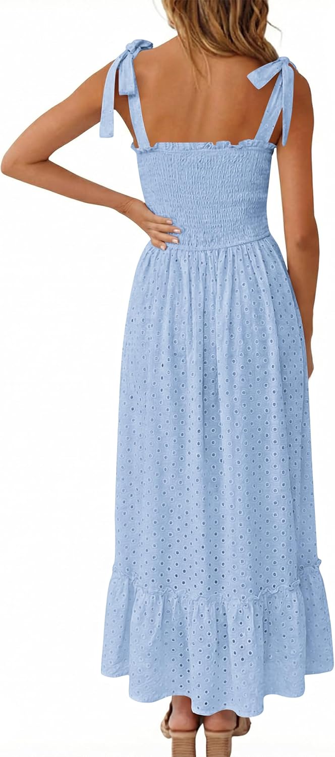 Tobrief Women's Boho Dress Summer Spaghetti Strap Square Neck Flowy Ruffle Beach Long Maxi Dress
