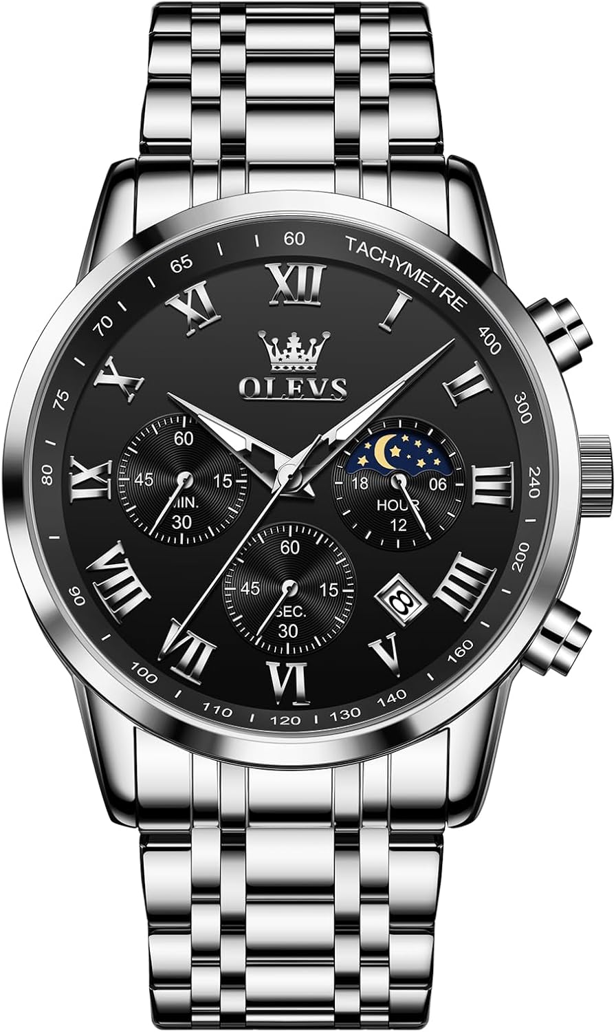 OLEVS Mens Stainless Steel Chronograph Watch, Big Face Roman