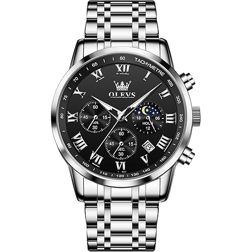 OLEVS Mens Stainless Steel Chronograph Watch, Big Face Roman Numerals Date Analog Quartz Dress Watches for Men, Fashion Multifunctional Waterproof Luminous Hands Men's Wristwatch
