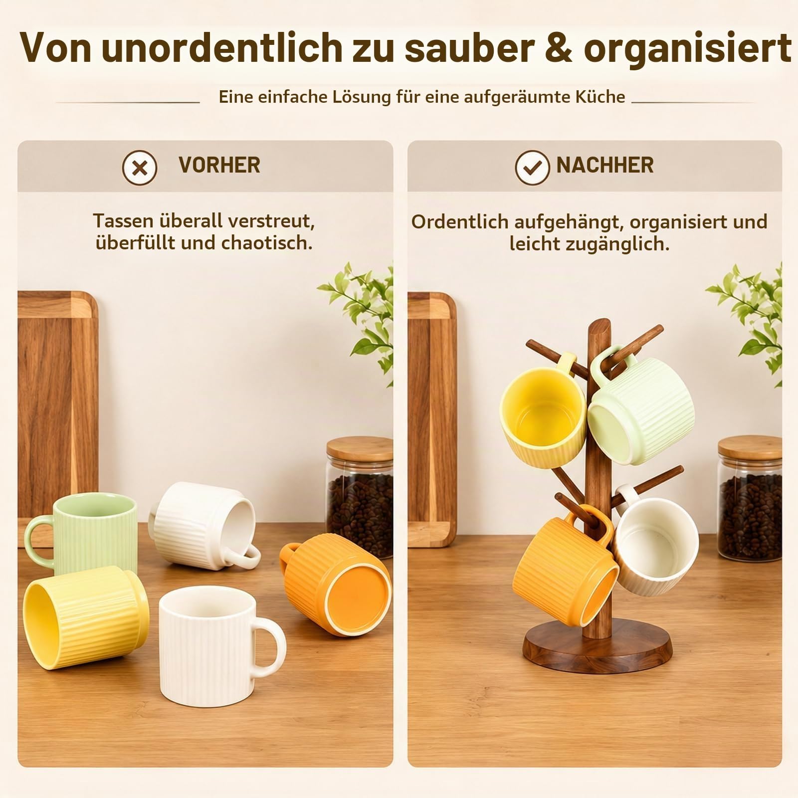 Tassenhalter Baum | Akazienholz Tassenbaum Kaffeetassenhalter | Kaffeetassenhalter für Küchentheke Dekoration Kaffee Bar Zubehör und Home Organizer Braun | mit 6 Haken (MHA6B)