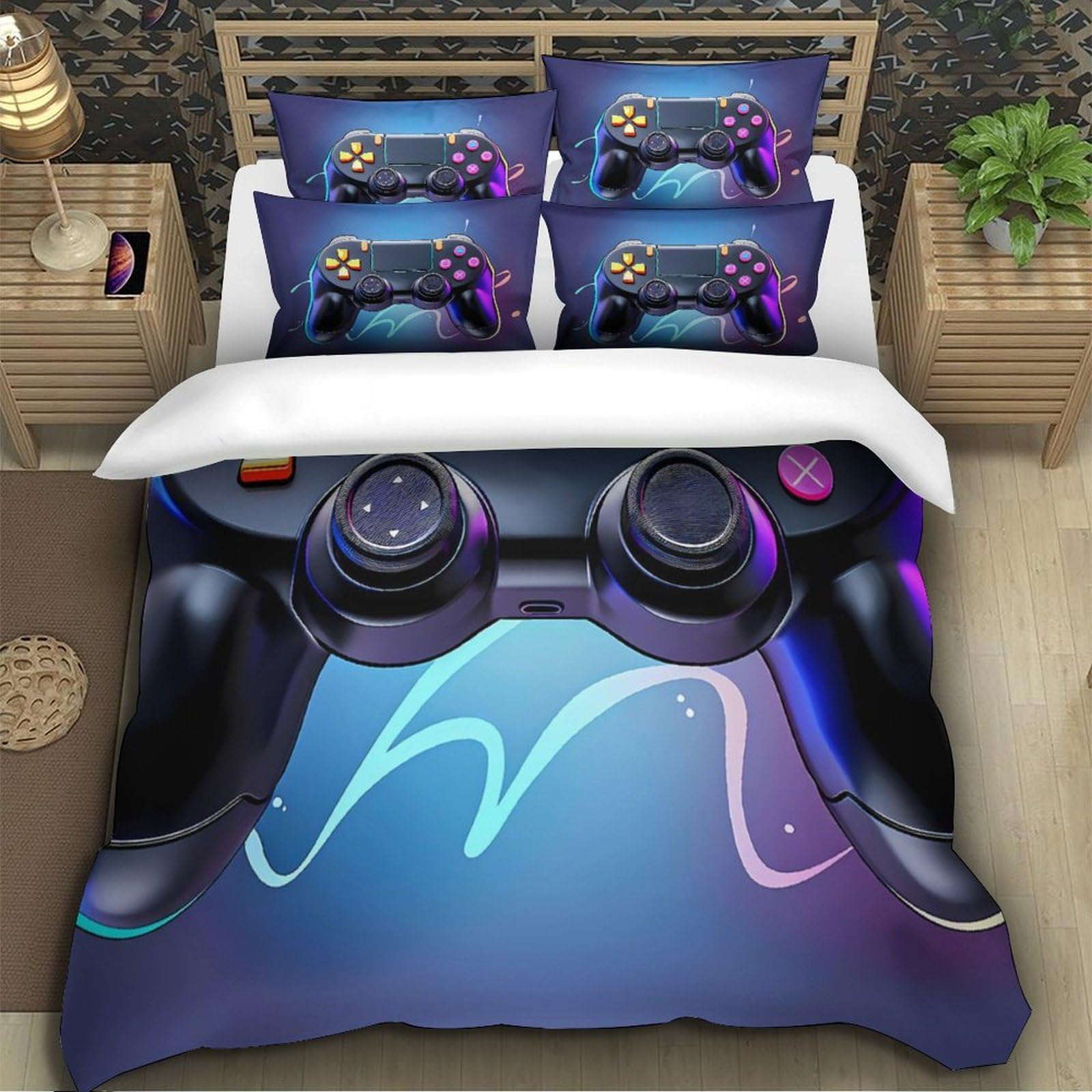 Funda Nórdica Microfibra 3D Impresa Mando Gamer Decoración Dormitorio Juego Ropa de Cama Suave Transpirable para Adolescentes Adultos Super King（260x220cm）