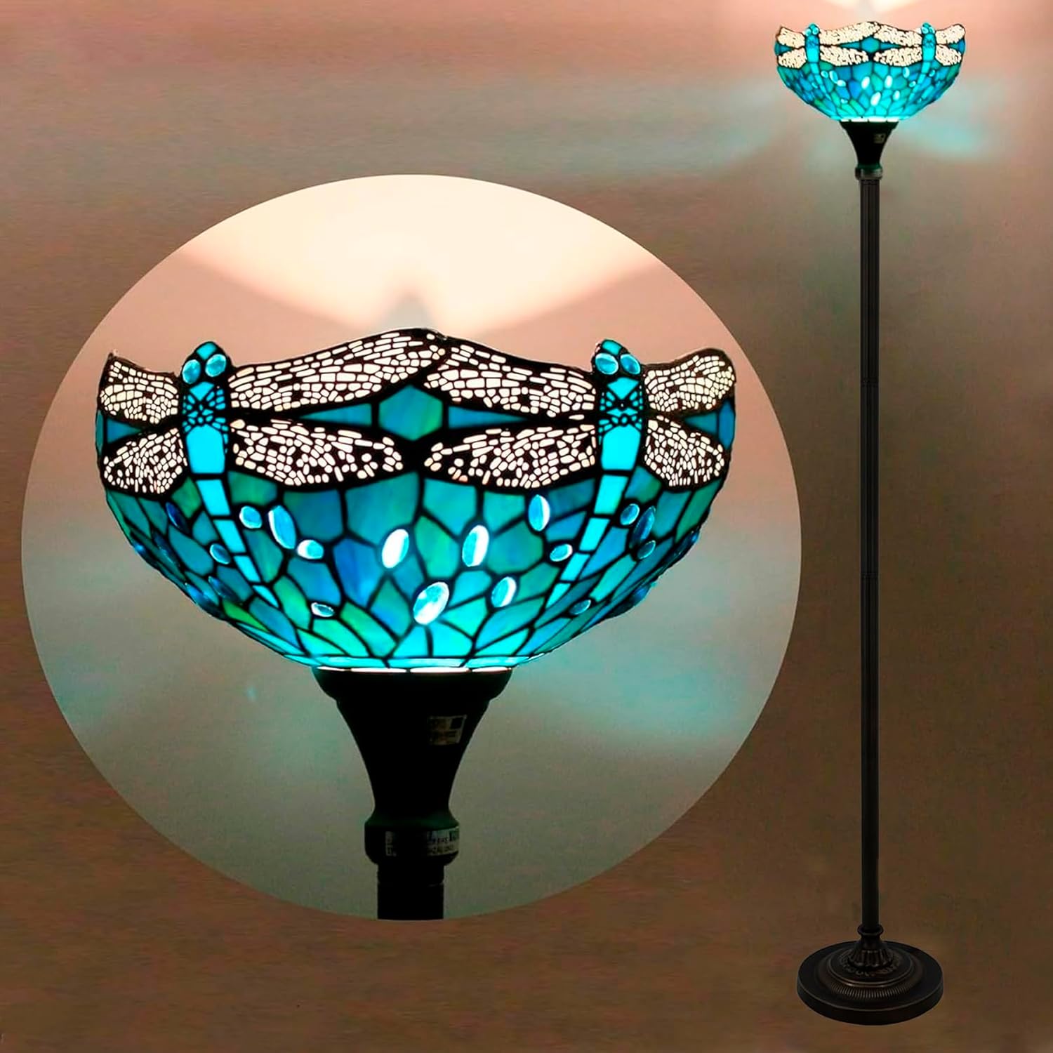 WERFACTORY Tiffany Floor Lamp Green Stained Glass Dragonfly Light 12X12X71 Inches Pole Torchiere Standing Corner Torch Uplight Decor Bedroom Living Room Home Office S622 Series (B)