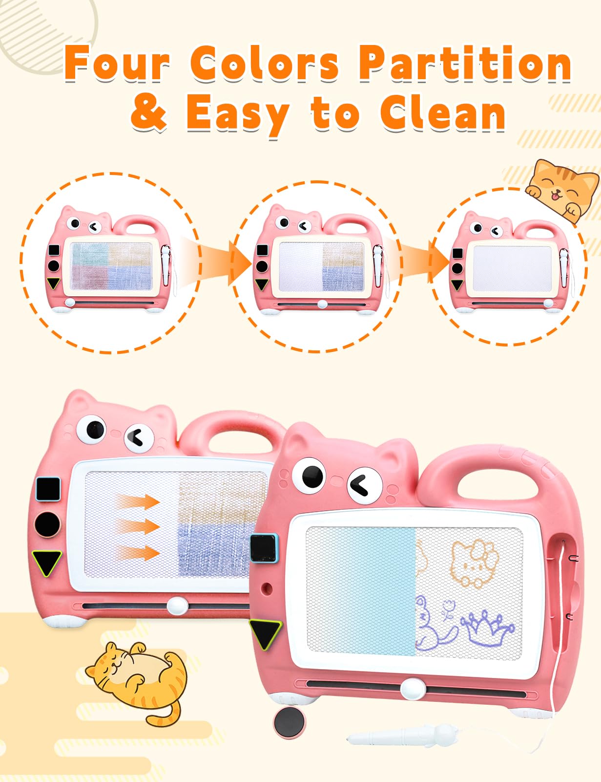 Magnetmaltafel Kinder 8.5 Inch, Zaubermaltafel Tragbar mit 4 Farbzonen, Zaubertafel ohne Staub für Kinder 1-6 Jahre, Mit Magnetstift & Bauklötze(Rosa)