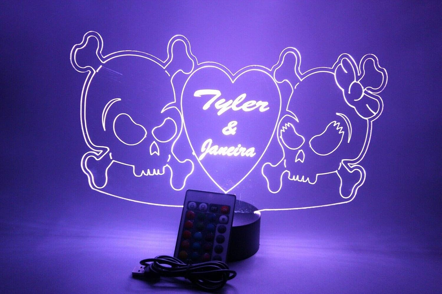 MIRROR MANIA Couple Skulls with Heart Night Light Up Table Desk Lamp LED Personalized Desk Engraved Skulls in Love - It's Wow, with Remote, 16 Color Options, Dimmer, Free Engraved, Great Gift
