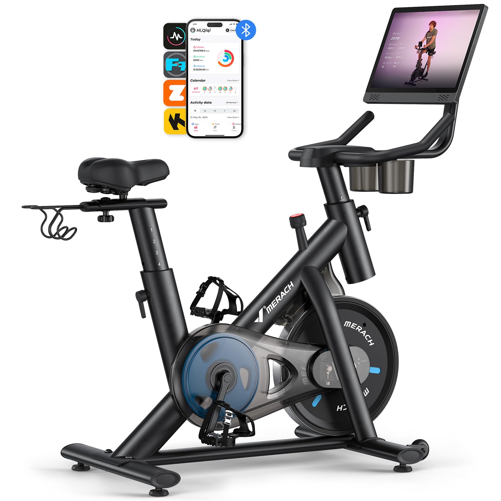 MERACH Heimtrainer Fahrrad mit Verstellbarem Widerstand, Leises Hometrainer Fahrrad mit Verbessertem LED-Monitor, Tablet-Halter, Indoor Cycling Bike für Kardiotraining zu Hause, Eigener App, Bis 136KG
