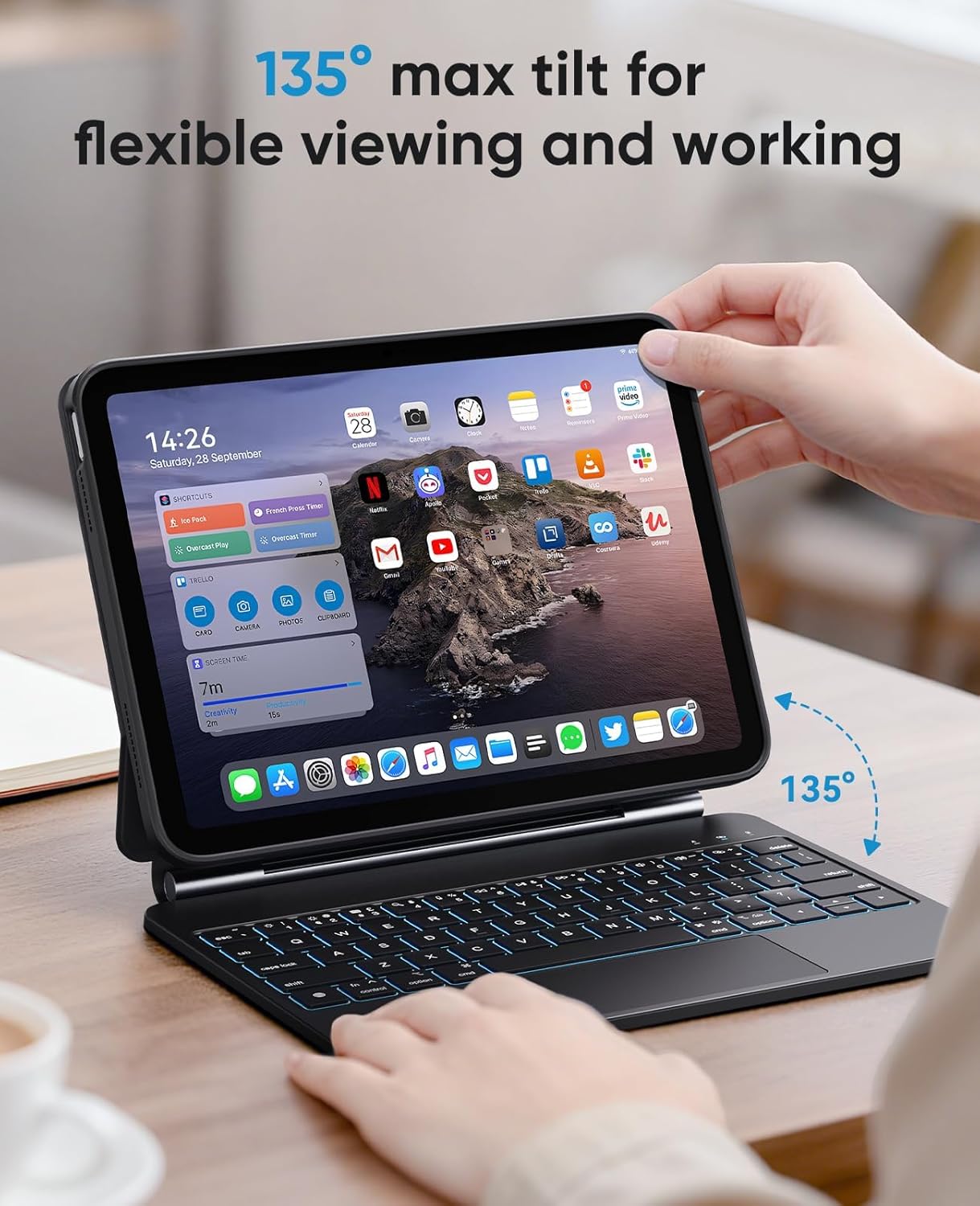 CHESONA Keyboard Case for iPad (A16) 11th 2025/10th Generation 10.9-inch 2022, 7-Color Backlit with Removable Protective Case, Floating Cantilever Stand, Portrait/Landscape Mode, Smart Trackpad, Black - Image 7