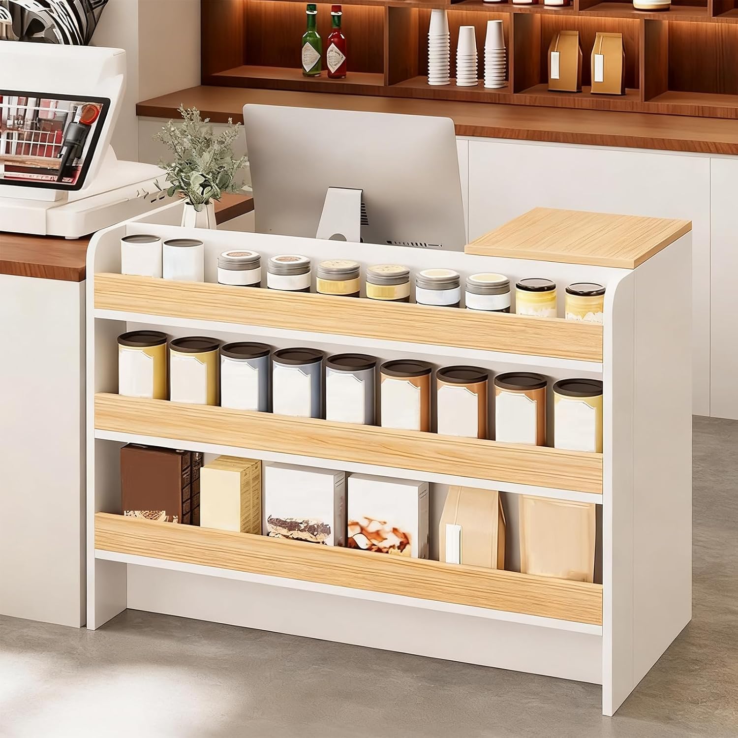 Reception Desk, Retail Counter with Outer Display Shelf & Lockable Drawer, Modern Front Desk Reception Room Table, Checkout Table for Lobby, Shop, Home Office (Left Hand Cabinet, 39.37 in)