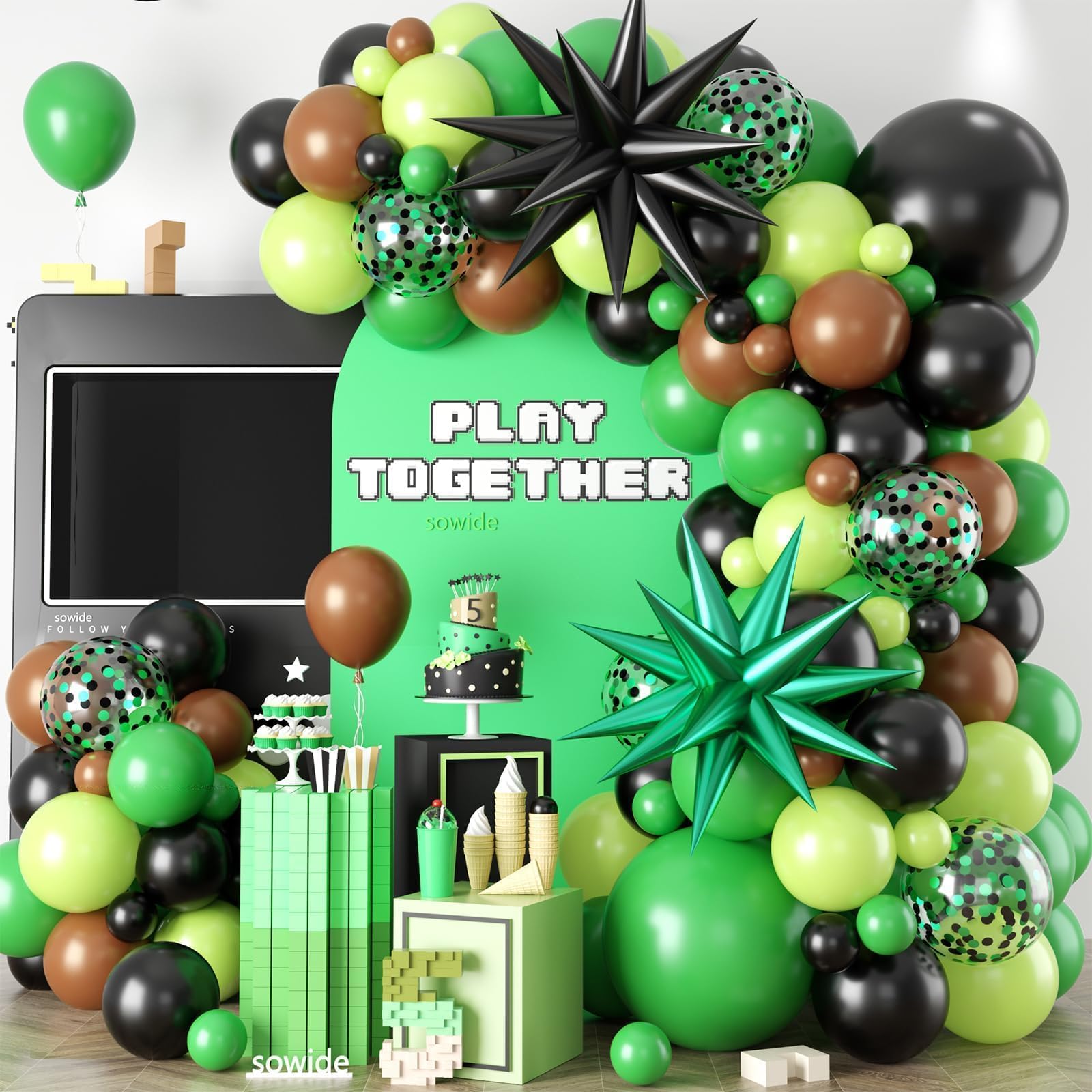Green and Brown Balloon Garland Arch Kit,Brow Green and Black Balloons Garland Kit with 2pcs Star Foil Balloons for Video Theme Jungle Safari Game