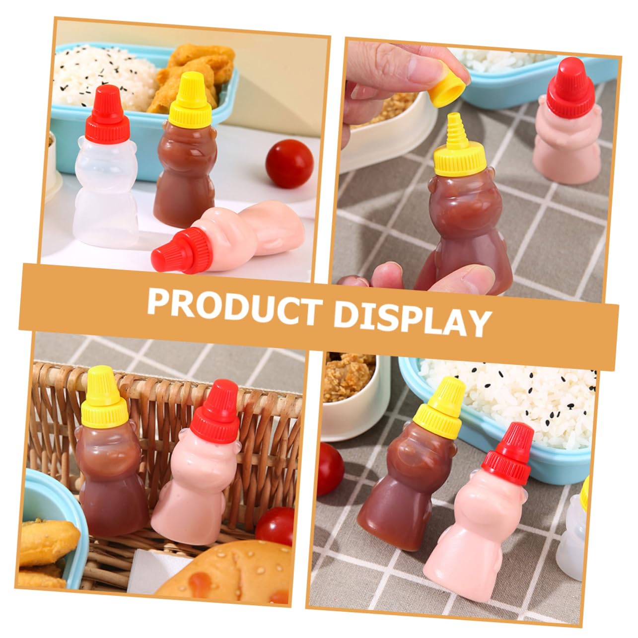 OKUMEYR 12pcs Mini Bear Shaped Condiment Bottles with Lids for Ketchup Salad Dressing Soy Sauce and Vinegar Portable Squeeze Sauce Storage Containers
