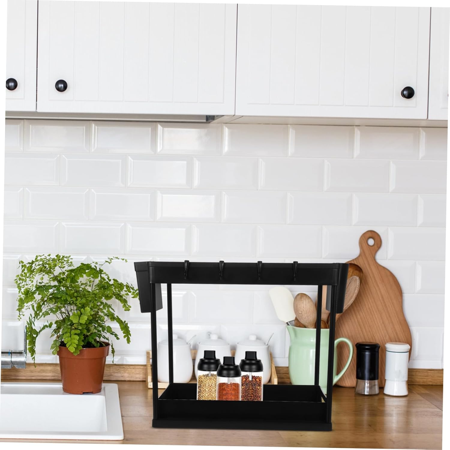 Double Under Sink Organizer with Chopstick Holder Kitchen Storage Rack for Spice Jars and Utensils Pull out Design for Easy Access Under Cabinet