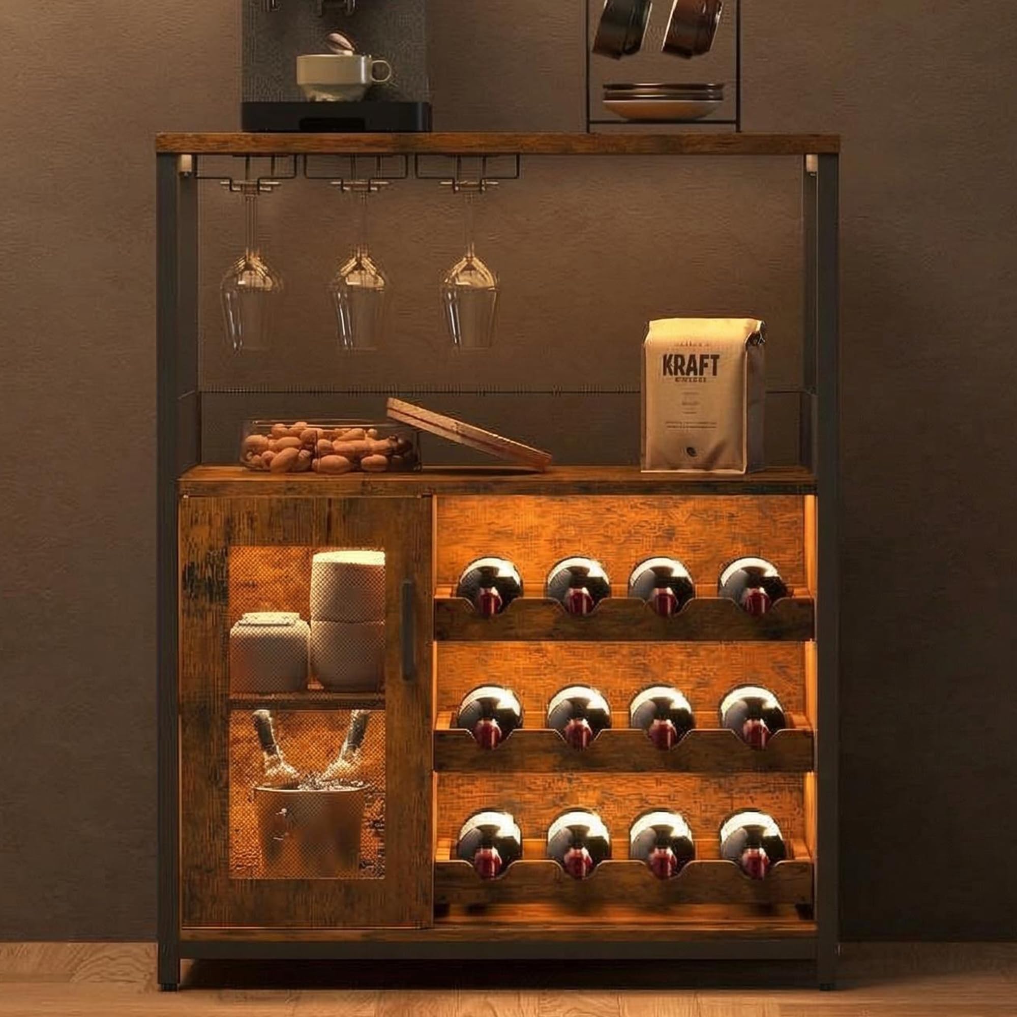 Garvee Wine Sideboard with Glass Door and Drawer, 3 Levels with 12 Cubes | Wine Storage Cabinet with 9 Bottles for Kitchen, Dining Room and Bar, Wooden Wine Cabinet, Retro Wine Sideboard