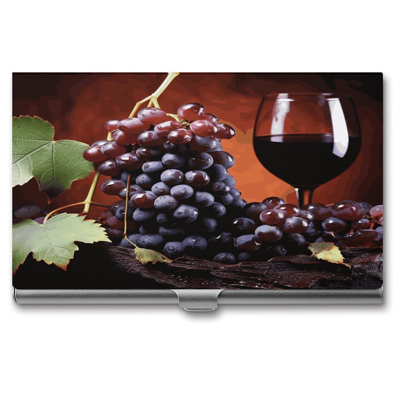 JTREHY Red Wine Grapes Business Card Holder Slim Purse Name Card Holder Portable Metal Business Card Case Wallet Large Capacity Lightweight Business Card Case for Men Women