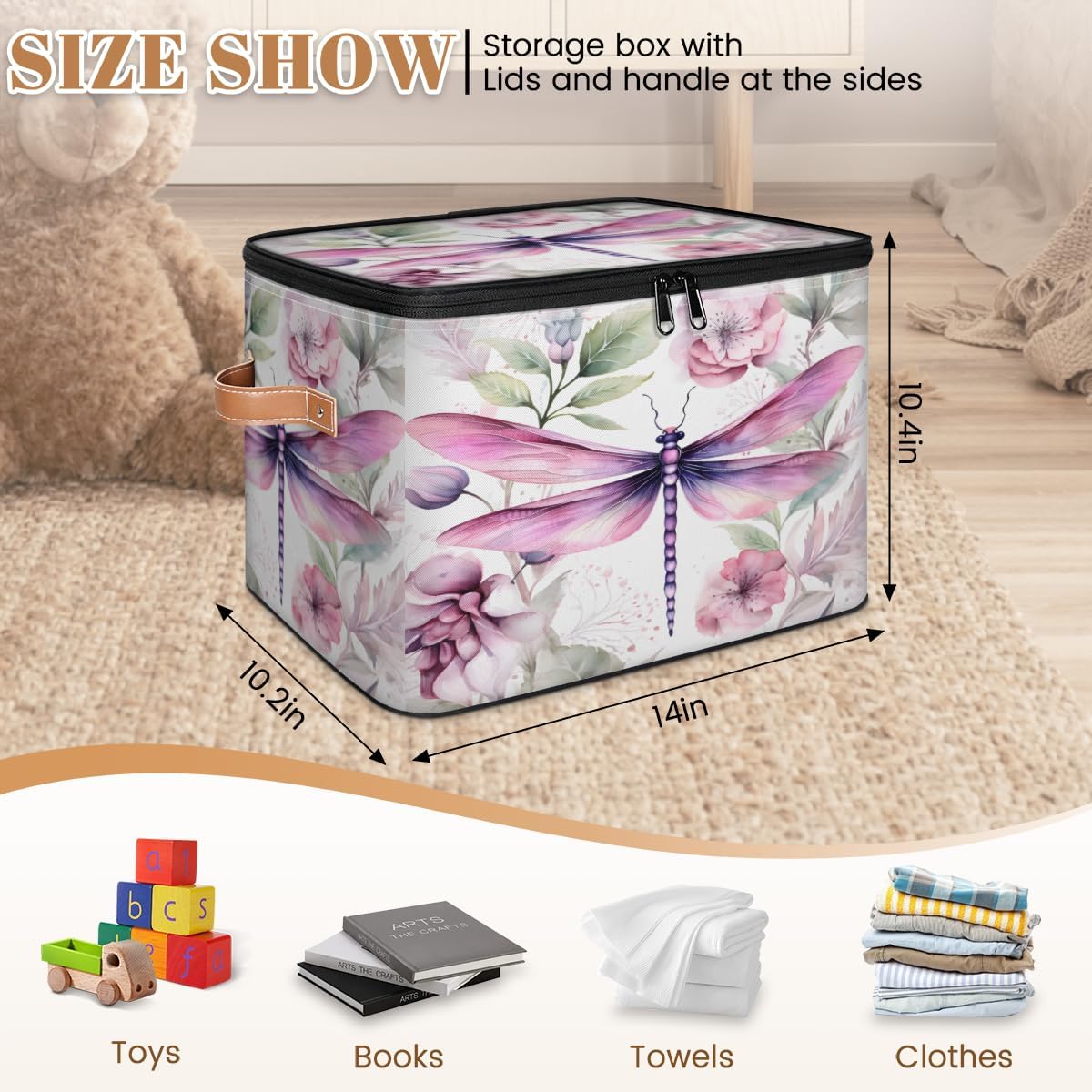 Storage Bin Set of 2 Drangonfly Leaf Storage Basket with Zipper Lid & Handle Foldable Closet Shelf 2 Pack Cloth Organizer Basket Cube Bins Clothes Organizer for Bedroom, Nursery