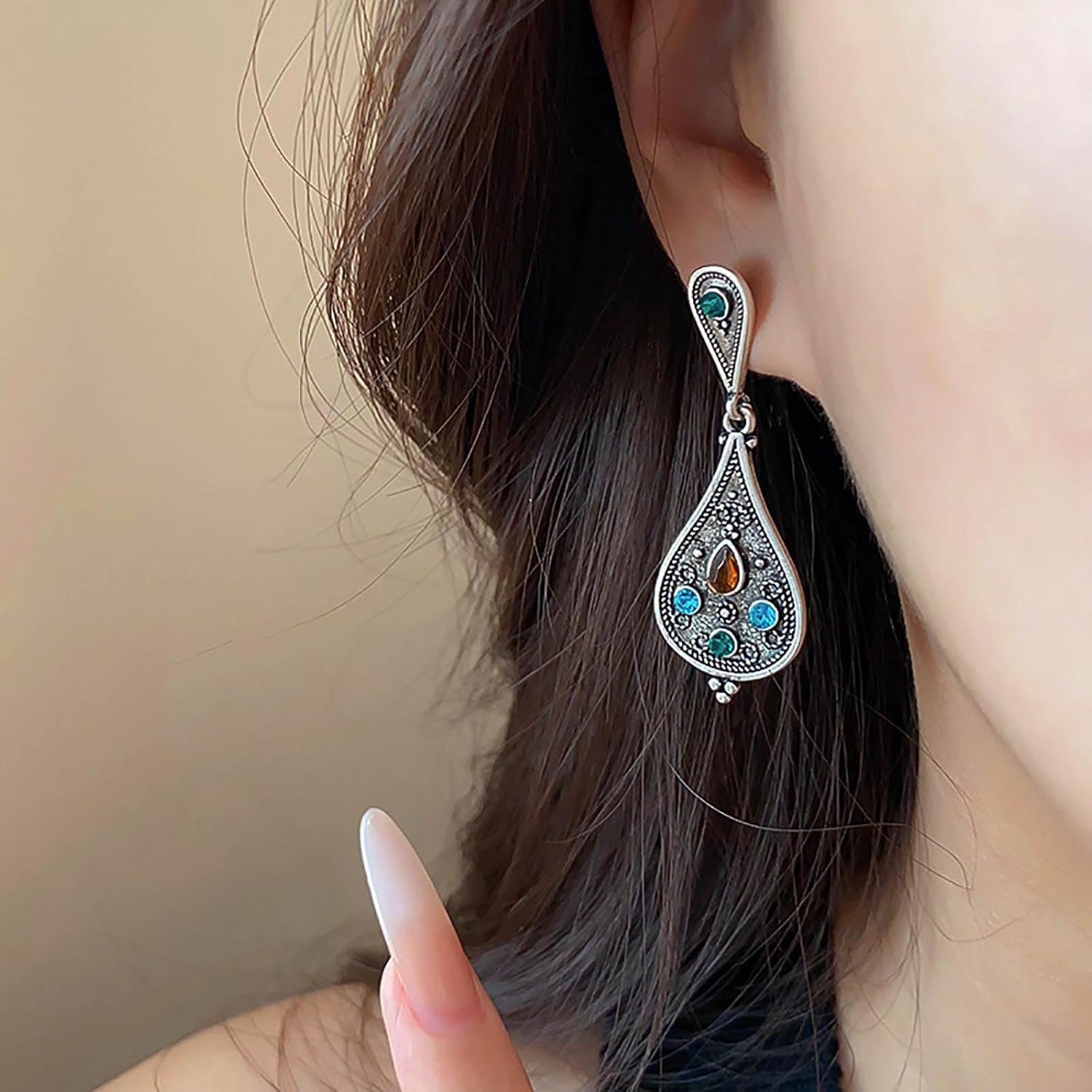 W WEILIRIAN Vintage Teardrop Drop Earrings Teardrop Dangle Earrings Silver Waterdrop Stud Earrings Boho Statement Earrings Jewelry for Women - Image 2