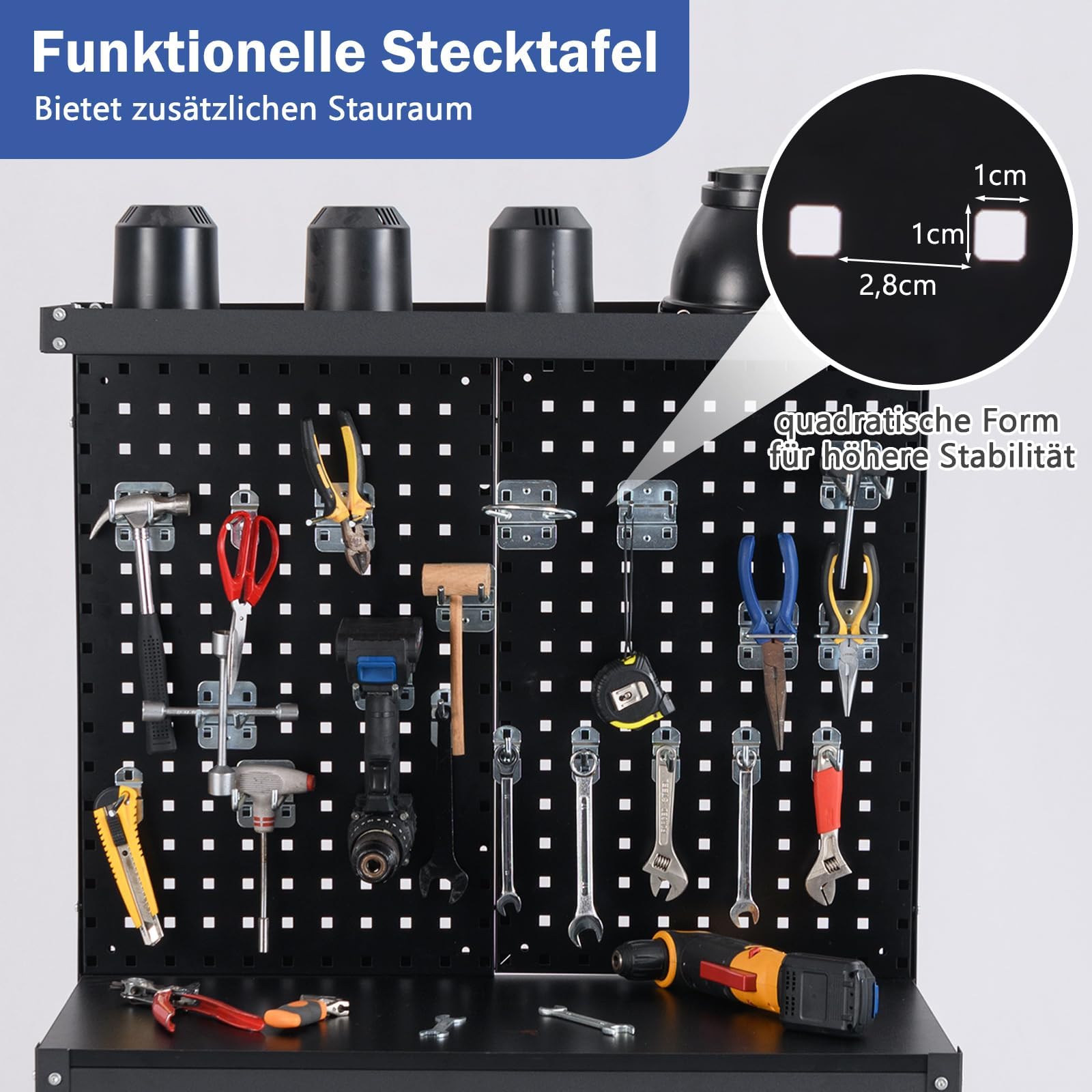 FANTASK Stół warsztatowy, nośność 225 kg, stół roboczy z regałami i 20 hakami wiszącymi i perforowaną ścianą i szufladami, stół warsztatowy do garażu, warsztatu i domu, 81 x 41 x 156 cm (czarna)