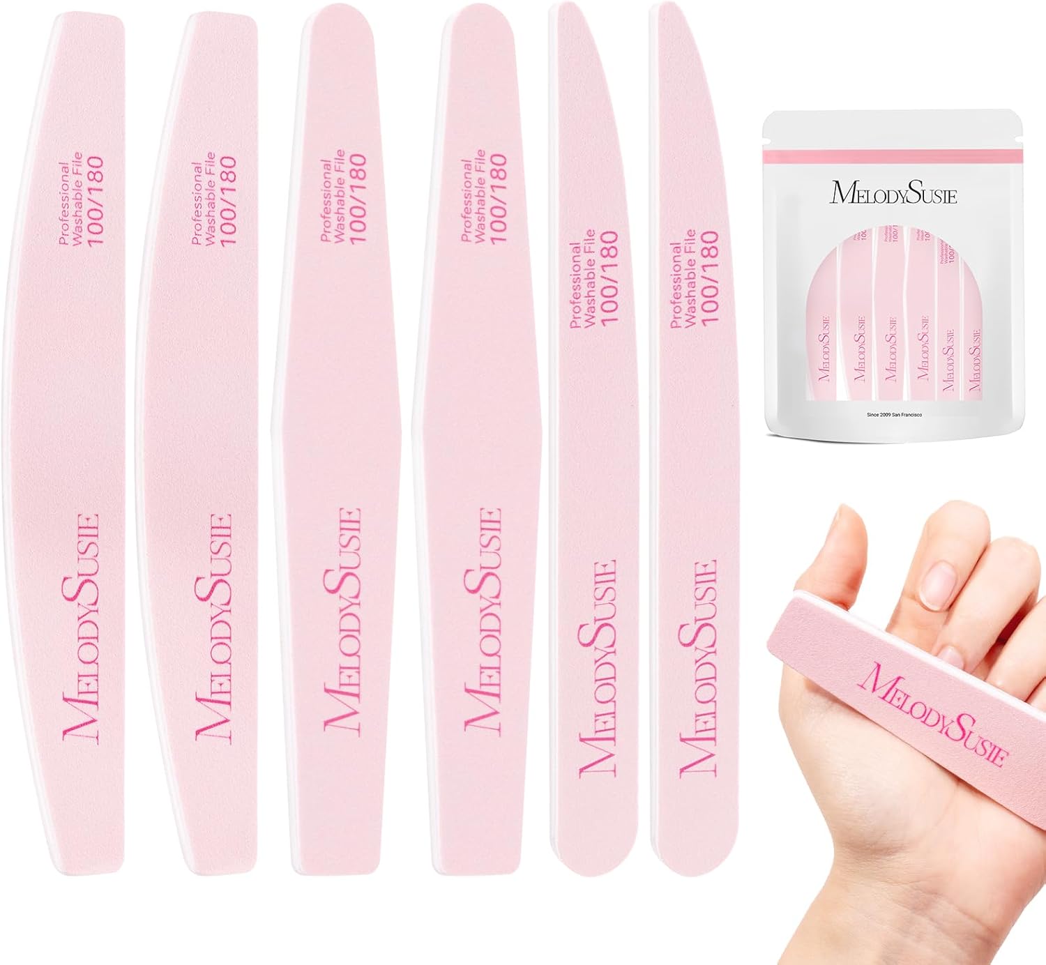 MelodySusie Professional Nail File Kit 6PCS - Double Sided 100/180 Grit Mixed Shapes Pink Emery Boards for Manicure Pedicure Home Salon