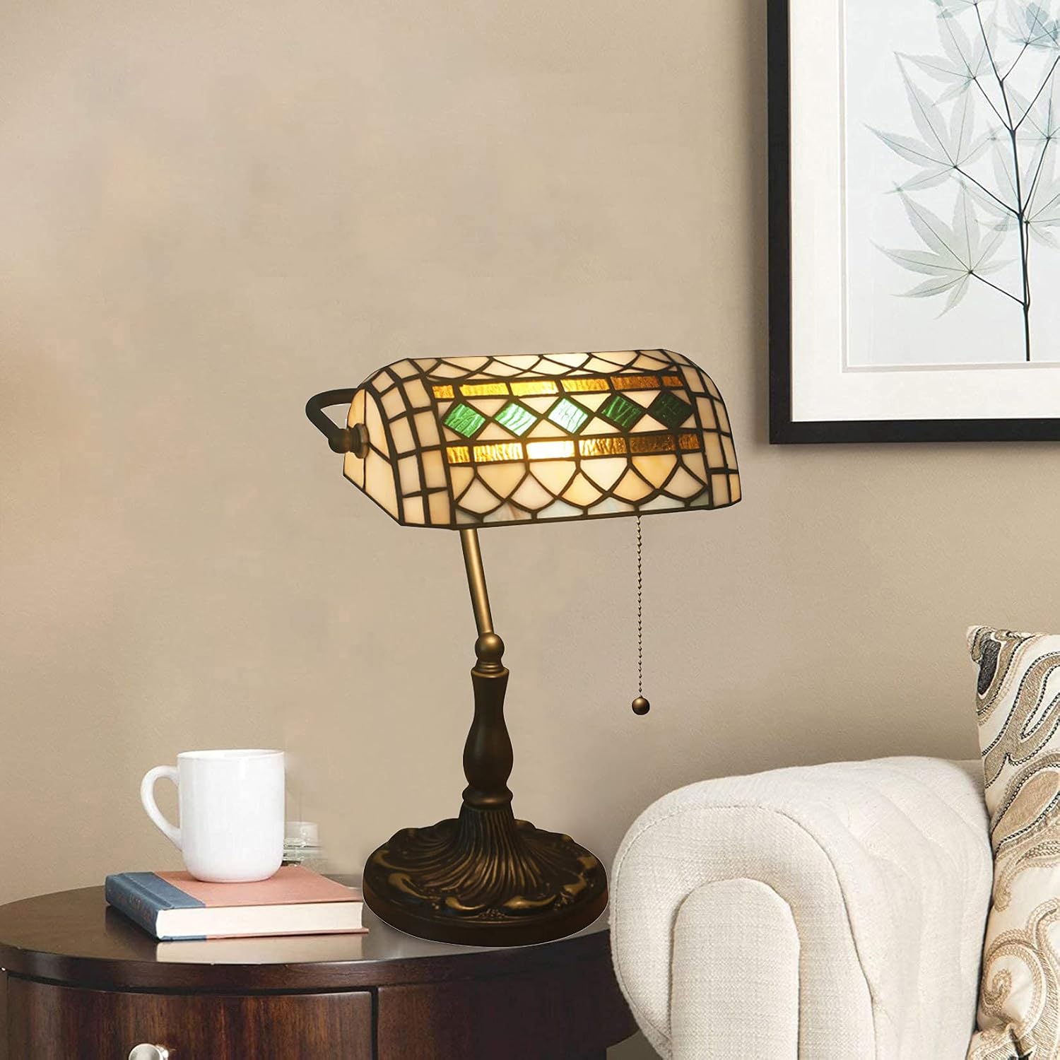 Mediterranean Blue Green Stained Glass Banker Table Lamp 10Inch Antique Tiffany Style Desk Decoration Lamp Bedside Study Room Reading Lamp with Pull Chain Switch,Green