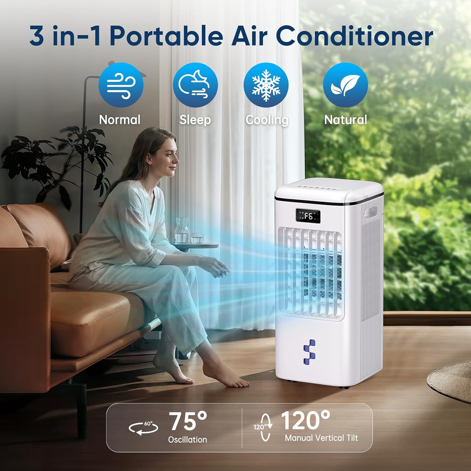 4-in-1 Evaporative Air Cooler, Windowless Air Conditioners, Swamp Cooler with 2-Gallon Tank, 15ft/s Remote Control, Quiet Windowless Cooler for Home Office Bedroom