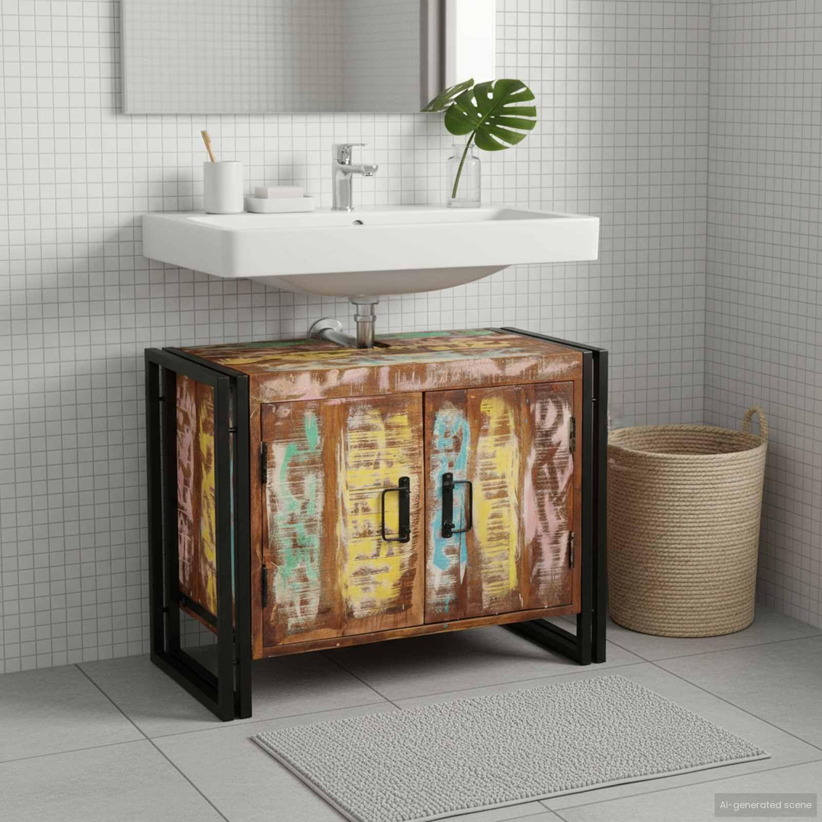 Mobile Sottolavello Bagno Legno Massello Multicolore 71x33x58cm | Mobiletto salvaspazio per il bagno con robusto telaio in ferro e ripiano interno regolabile per accessori.