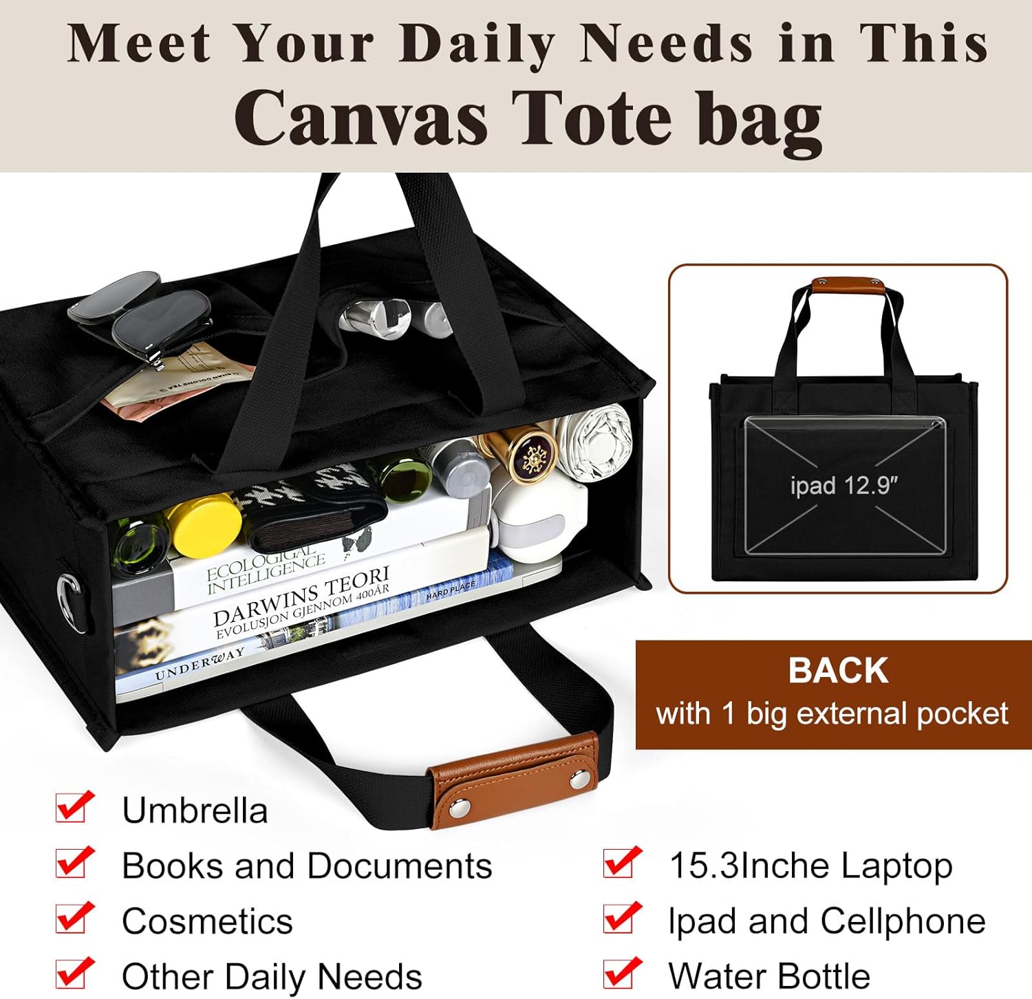 Tote Bag for Women, Canvas Tote Bag with Velcro Closure, Laptop Work Crossbody Bags Daily Handbags Purse for Travel - Image 7