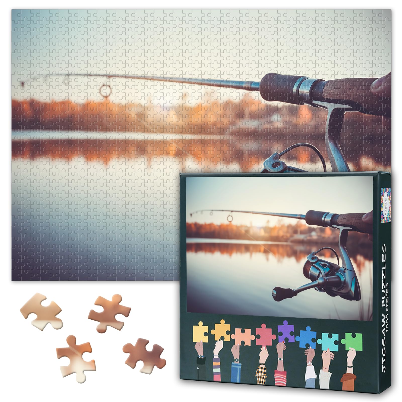 Jigsaw Puzzle 1000 Pieces for Adults Fishing Rod and Reels Canvas Wall Art Abstract Painting HD Print Home Decor Challenge 27.5 x 19.7 Inches — image 1