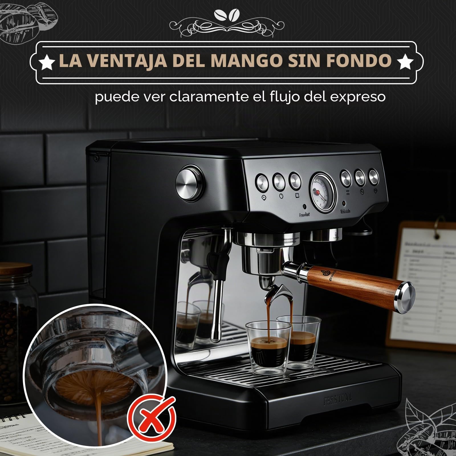 Portafiltro 54mm de Doble Salida, 3 Orejas en Acero Inoxidable 304 con Mango de Madera de Nogal, Incluye 2 Filtros y Aguja WDT, Compatible con Sage/Breville Barista BES 870/878/880