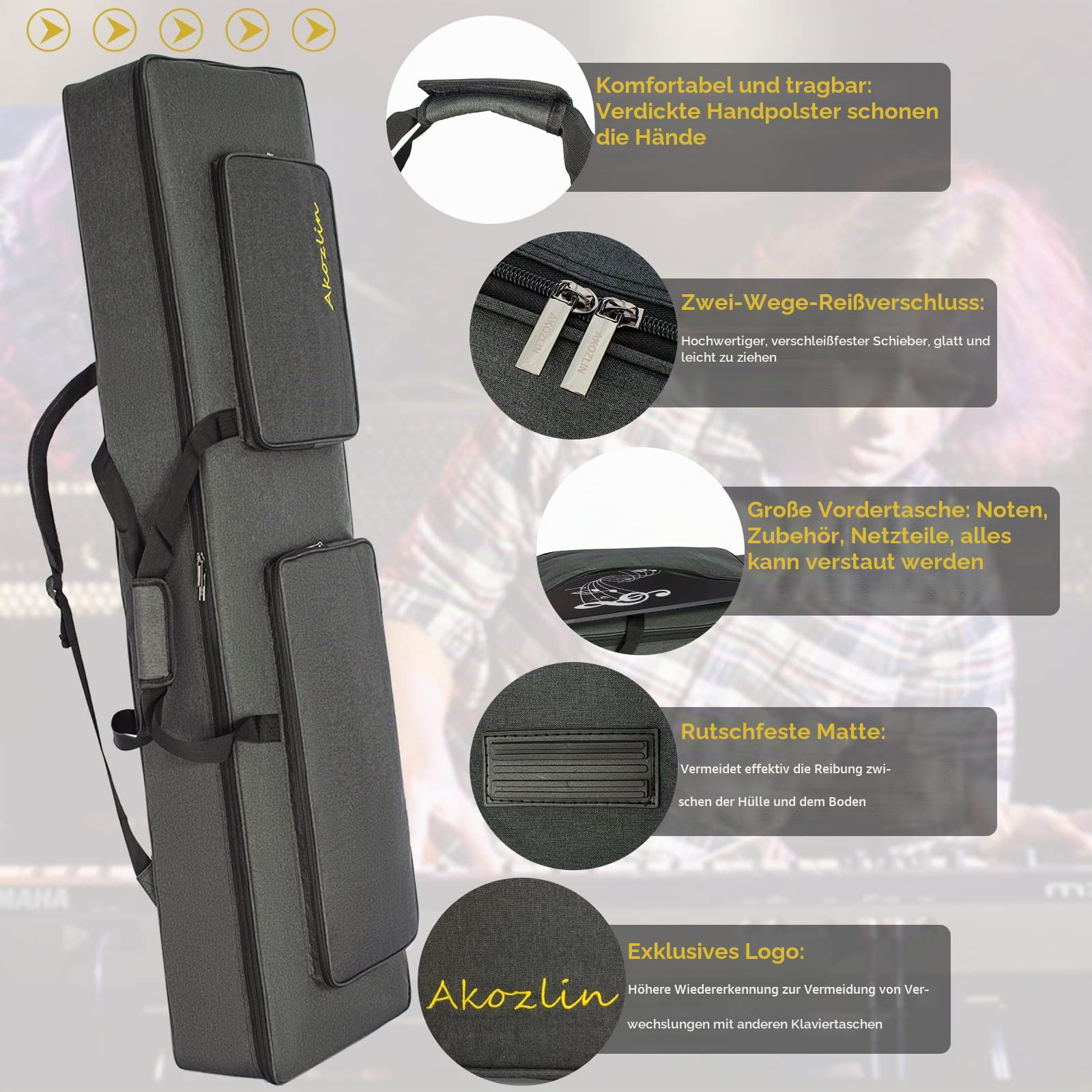 AKOZLIN Gigbag für 88 Tasten E-Piano, 137 x 36 x 16 cm | Tragbar, Gepolstert 10 mm, Wasserdicht, Oxford-Stoff, Universal