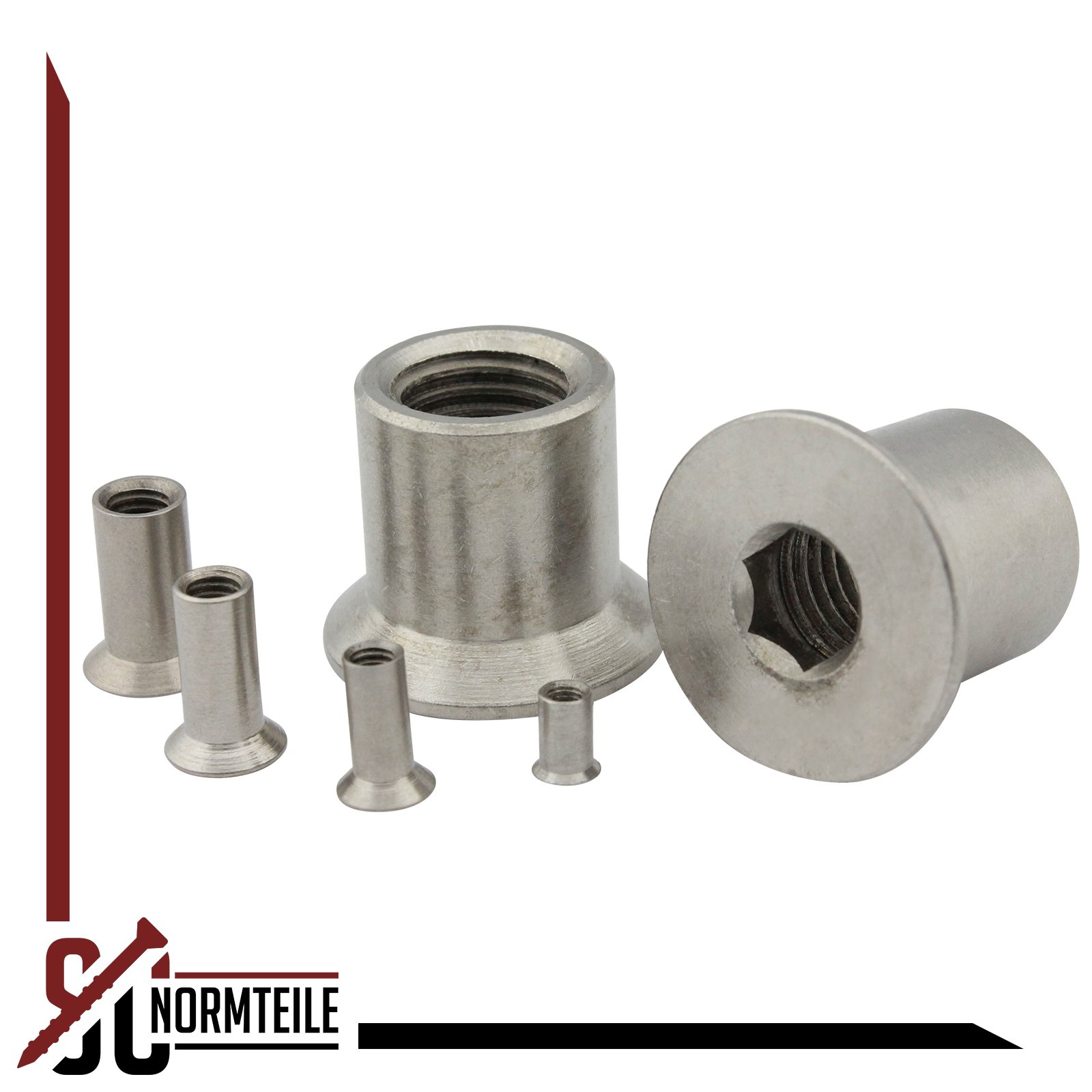 Hülsenmuttern mit Senkkopf und Innensechskant (ISK) - Antrieb - M12x20 - (40 Stück) - aus rostfreiem Edelstahl A1 (VA) - NIRO - SC9062 | SC-Normteile®