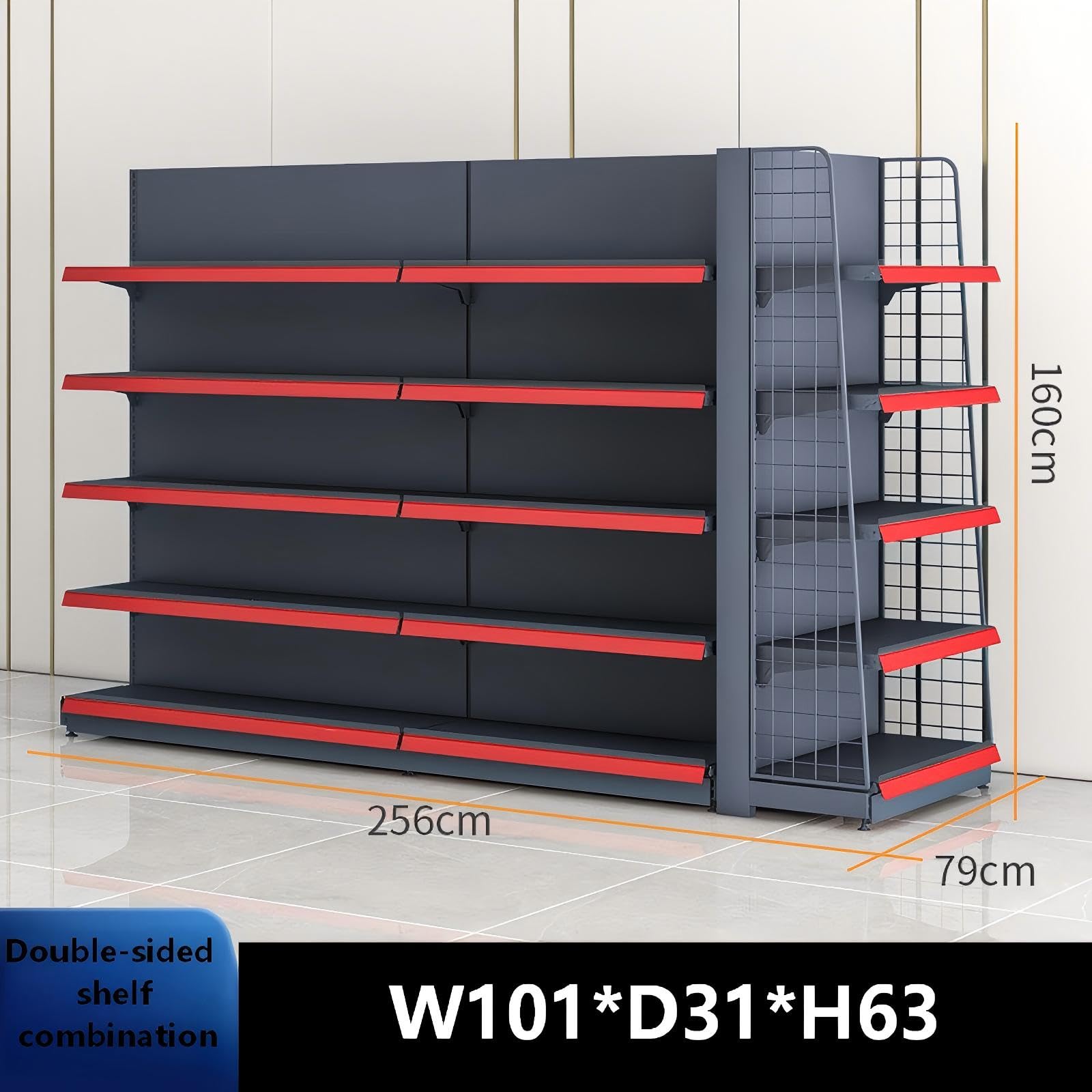Verstellbares, doppelseitiges Verkaufsregal, anpassbare Höhe und Konfigurationen (schwarz), Maße: 101 x 31 x 63 cm (B x T x H) – ideal für Laden-Merchandising