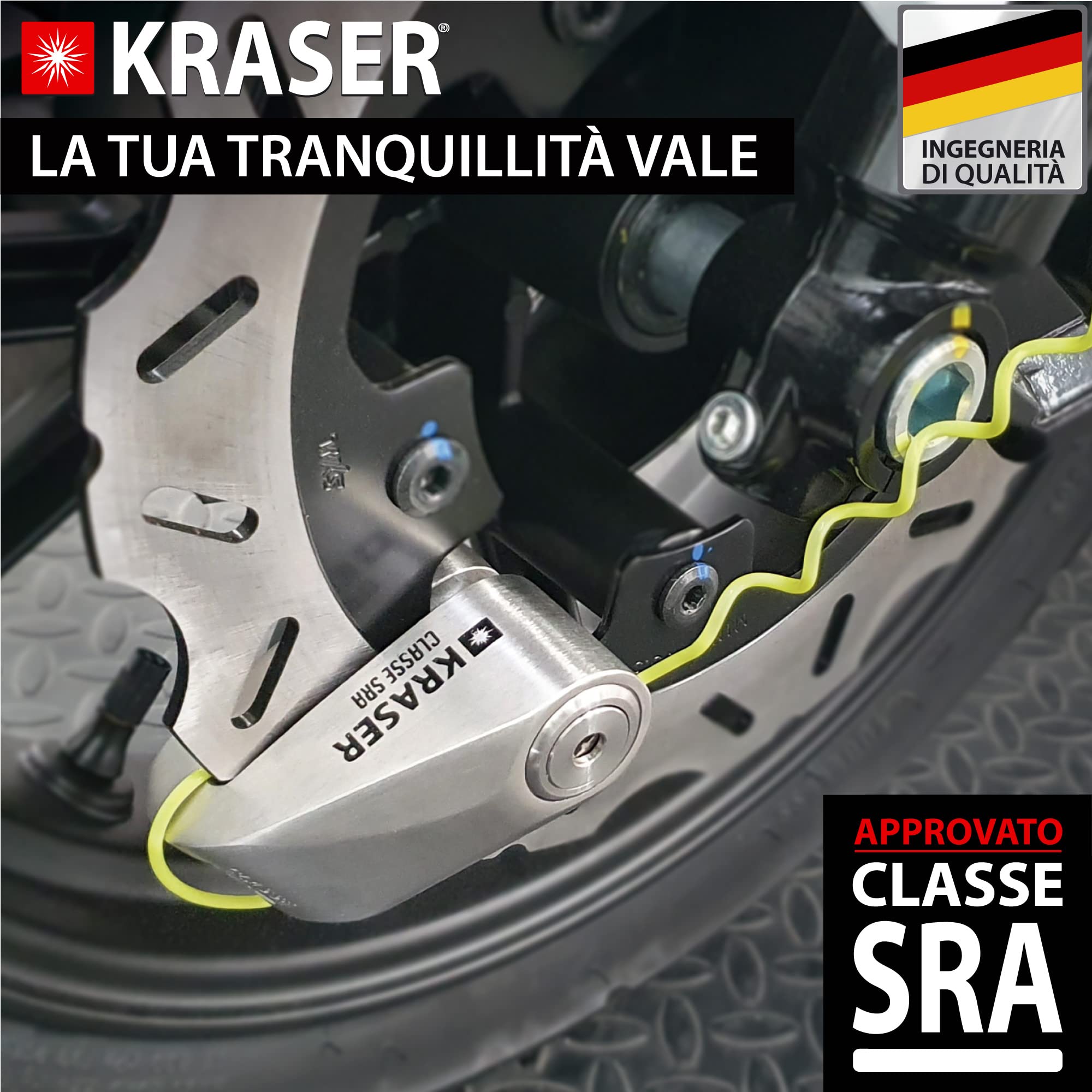 KRASER KR114S Bloccadisco Moto Omologato SRA, Doppia Chiusura ø14mm Blocco Freno Serratura Alta Sicurezza, Morsetto Blocca Ruota Scooter, Bicicletta Elettrica, Cavo Promemoria, Antifurto Motocicletta
