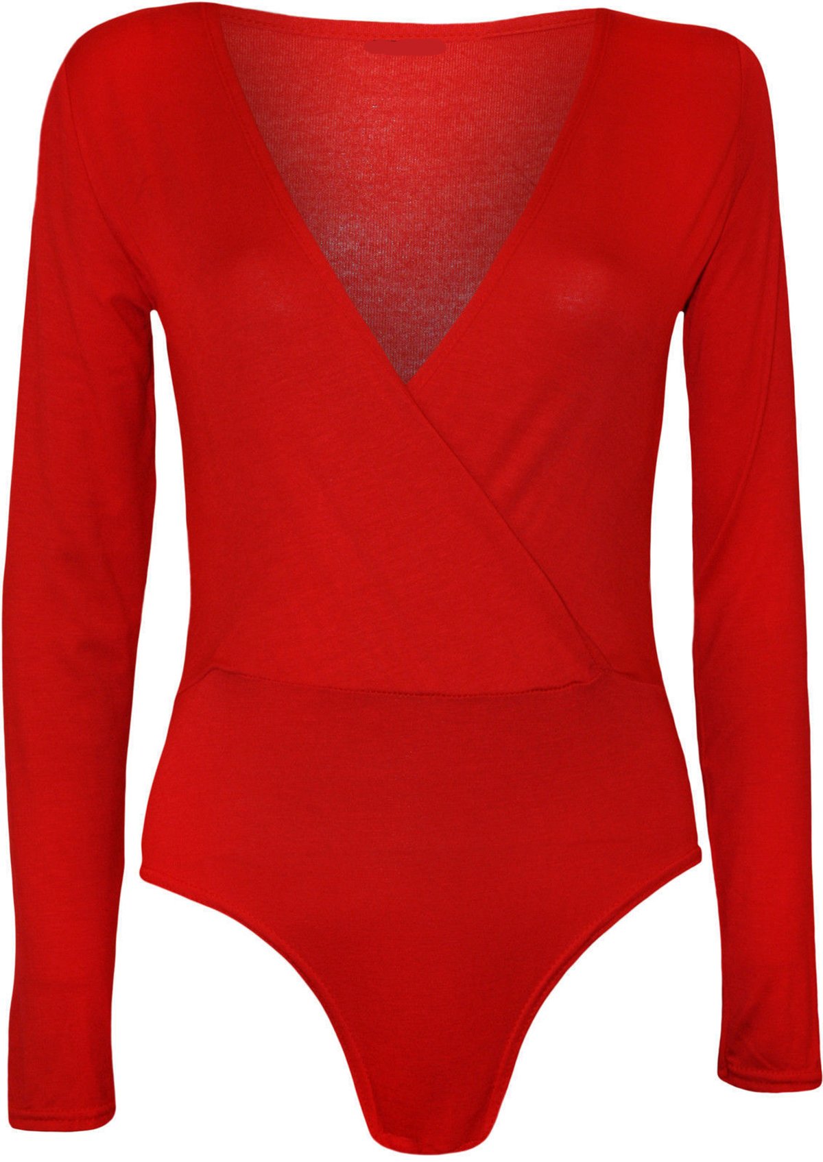 GirlzWalk ® Ladies Women Plain Wrap Over Plunge Long Sleeve Leotard Bodysuit Top Red