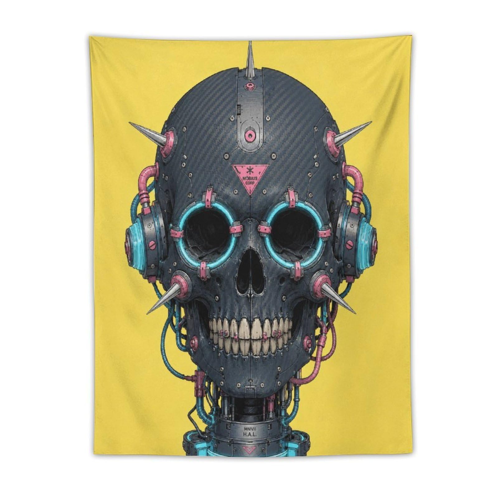 W7C8U2X3 Cyber Skull with Neon Goggles Wall Tapestry, Futuristic Dark