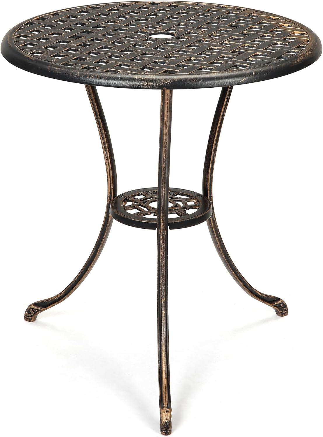 Patio Bistro Table - 24" Round Outdoor Coffee Table, Antique & Elegant Design, 2" Umbrella Hole, Outdoor Cast Aluminum Bistro with Iron Frame for Balcony Backyard Lawn