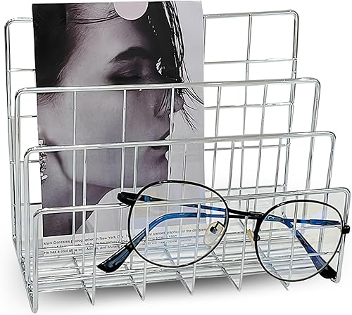 Organizador de escritorio de metal plateado Clasificador de correo de alambre de 4 ranuras, soporte minimalista para archivos de arte de hierro,