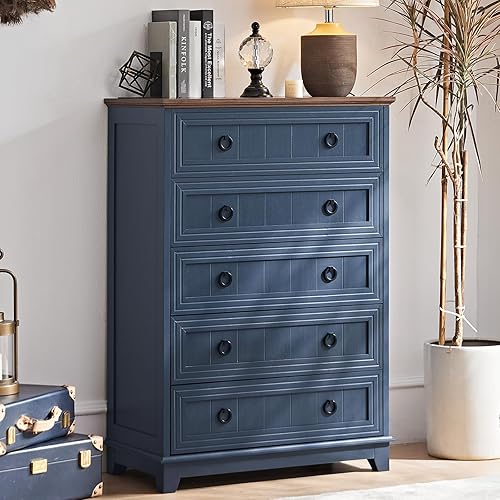 Miniatura 71 de Cómoda rústica de 5 cajones para dormitorio, cómoda pequeña de 33.2 pulgadas de alto y cómoda, cómoda de madera rústica con mango de metal, Conjunto