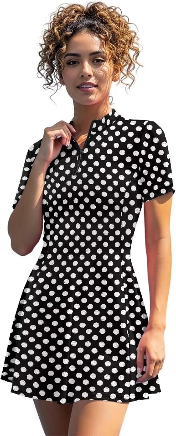 Women's Short Sleeve Golf Tennis Dress with Inner Shorts Pockets for Workout Exercise Half Zip Collar Athletic Dress