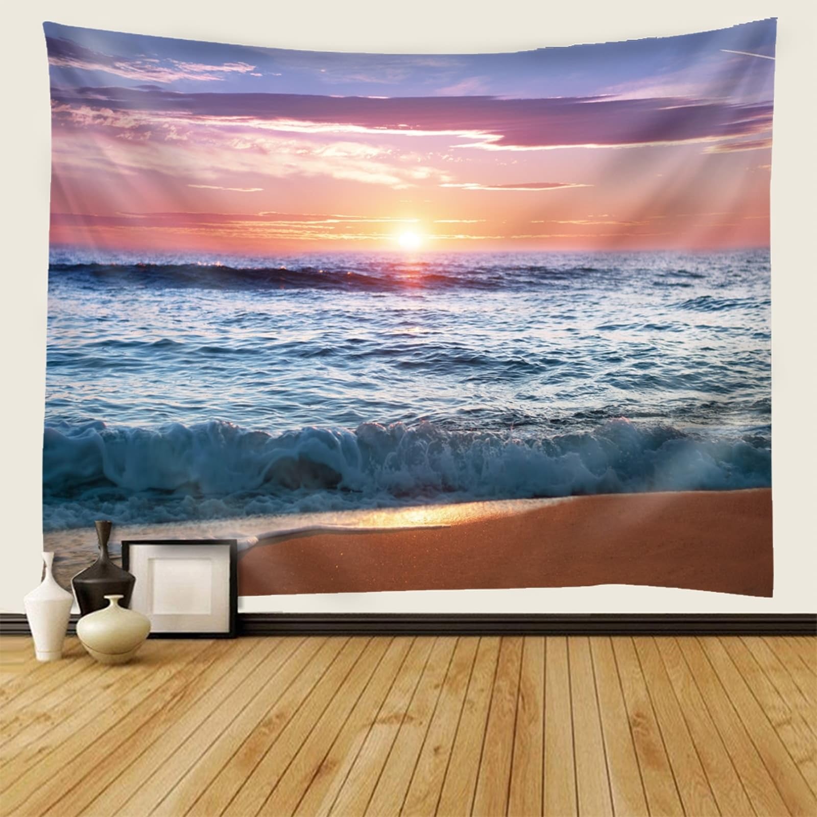 KnSam Wandbehang Blau Orange, Landschaft Natur Wandteppich Meeresufer Strand Sonnenaufgang Tapisserie Wandbehang XXL Polyester Wandtücher für Tischdecke Wohnzimmer Decor, 300x256cm