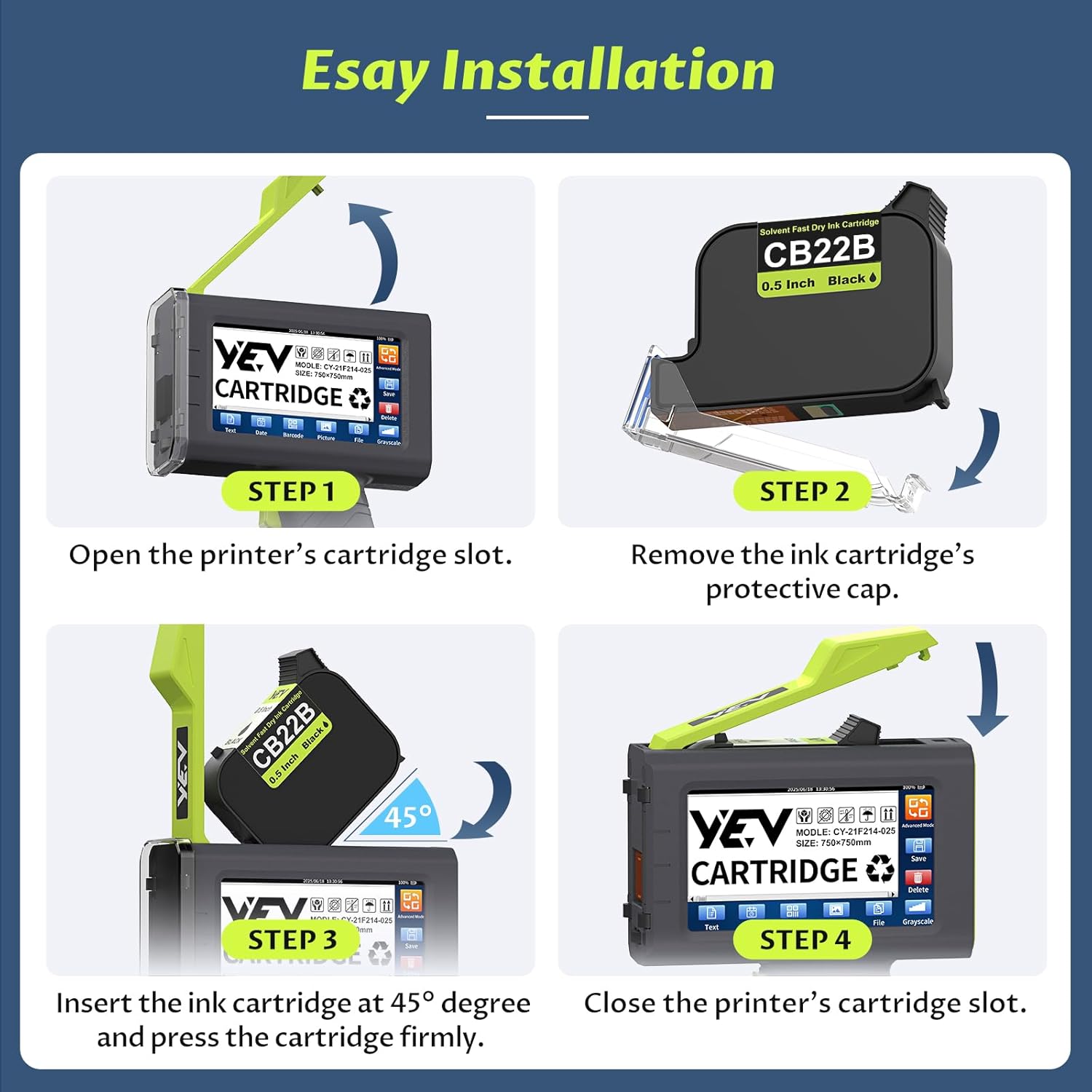 YEV Handheld Printer V127 (Blue) Bundle with 2-Pack CB22B Original Solvent Fast Dry Black Ink Cartridge use for Code Date Logo Text Printing