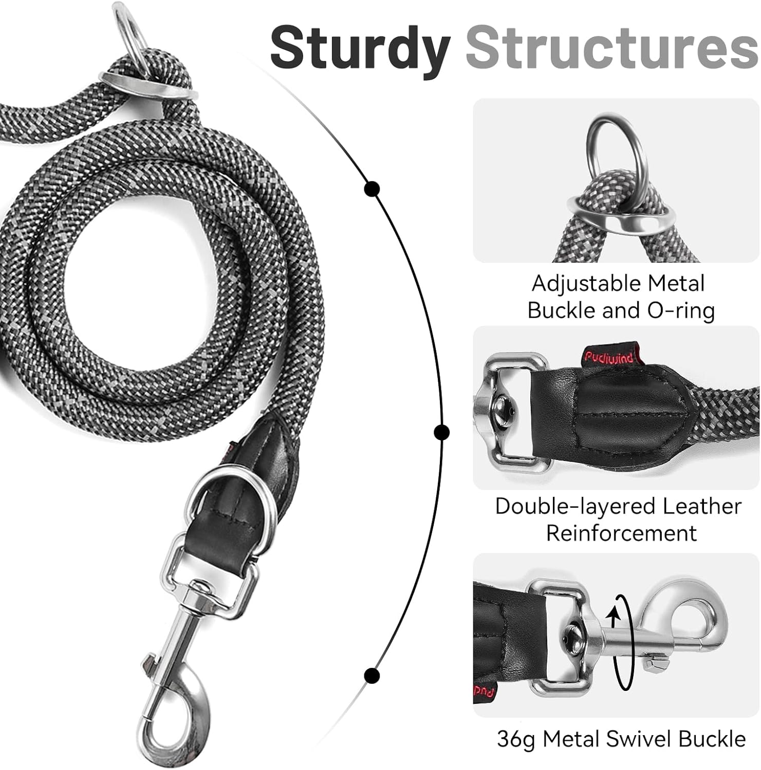 Hands-Free Dog Leash, 6.5ft Heavy Duty Reflective Nylon Leash with Dual Metal Hooks, Adjustable Crossbody & Waist Use for Walking, Jogging and Heel Training (Grey)