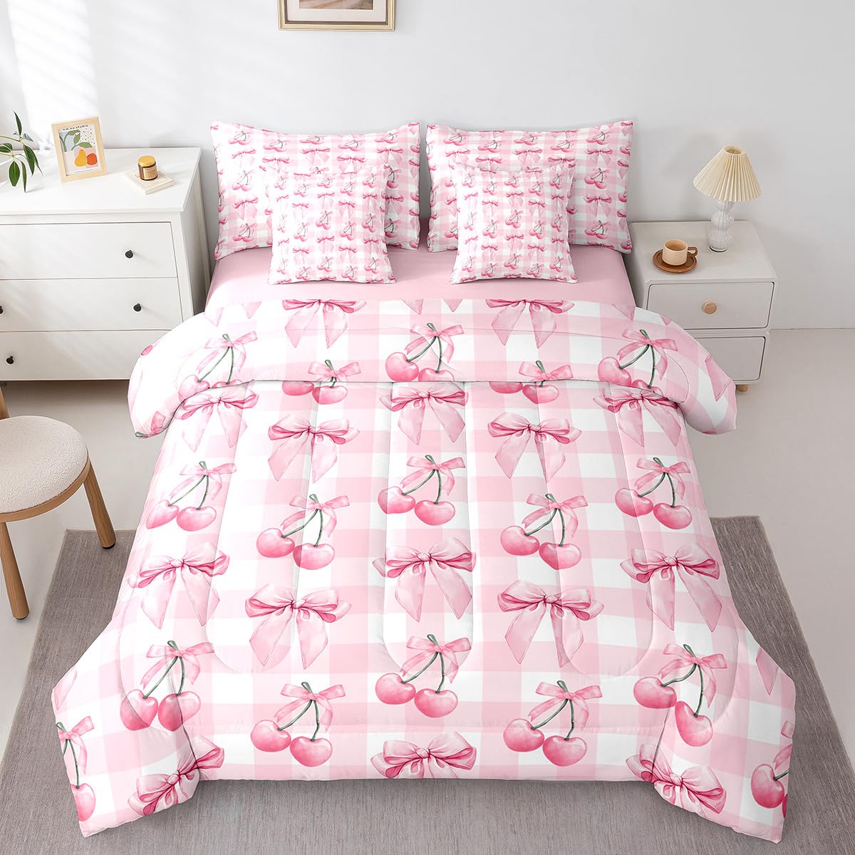Erosebridal Pink Ribbon Bowknot Full Comforter Set 7 Piece Dreamy Princess Bedding Set Cute Kawaii Cherry Bow Bed in A Bag Geometric Plaid Bed Set for Kids Girls Teen Women Room Decor