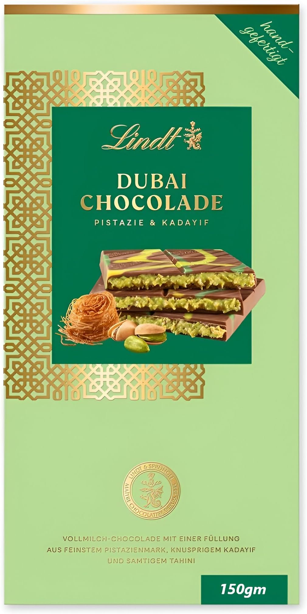 DECADENT FOODS Lindts Dubai Kunafa Chocolate Whole Milk Chocolate With A Filling With Pistachio Cream Smooth And Delicious Bar 145 Gm